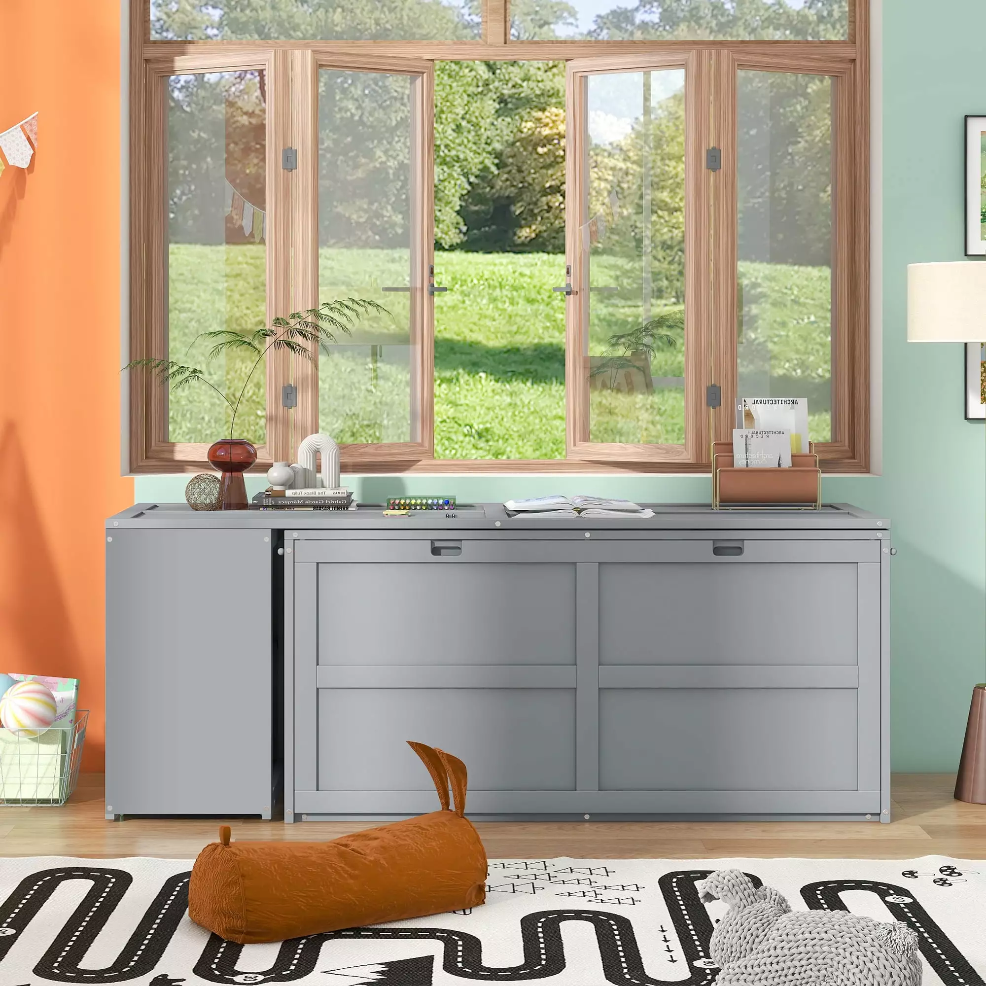 Euroco Queen Size Murphy Bed Rotatable Desk and Shelf Living Room Space Saving Gray