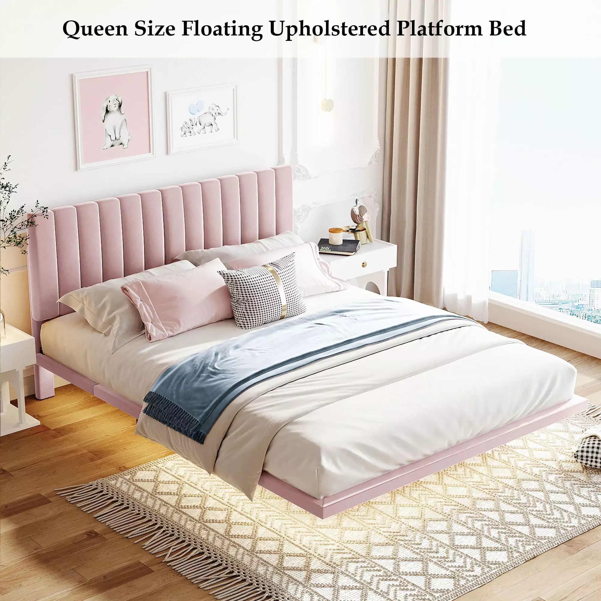 Bellemave Queen Size Floating Platform Bed Sensor Light and Adjustable Headboard Pink Velvet
