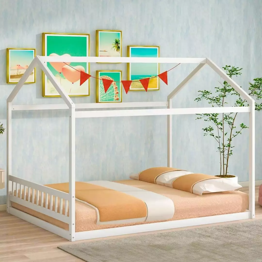 Queen Size Houtilize Bed Frame Wooden Floor Bed Frame Headboard and Roof Design Sturdy Wood Slats Support Girls Boys Bedro...