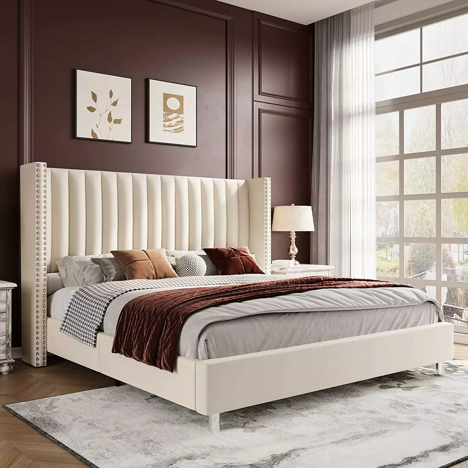 PaPaJet Queen Platform Bed Frame Tufted Upholstered Bed Raised Wingback Headboard Low Profile Velvet Bed No Box Spring Req...
