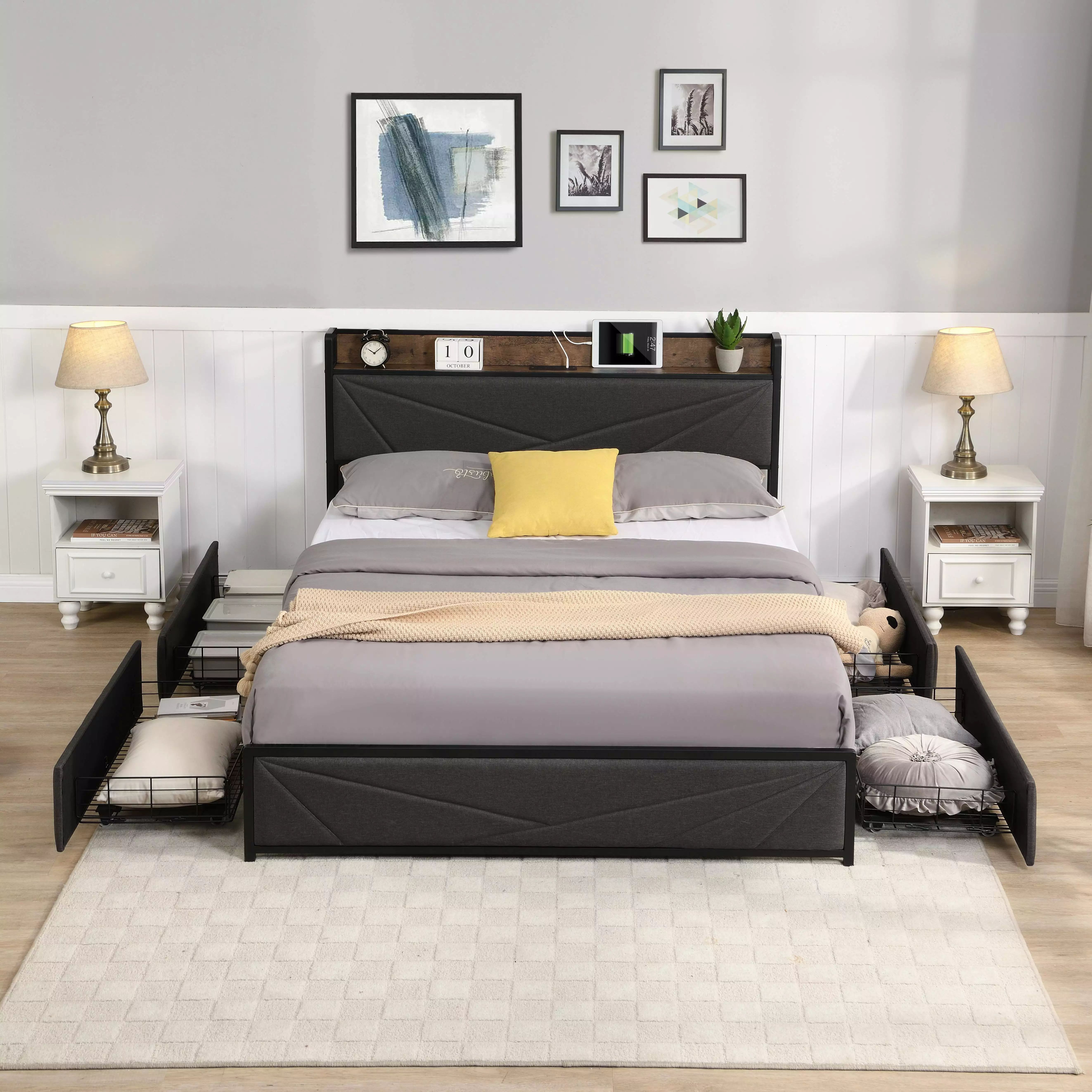 PAPROOS Queen Bed Frame Storage Headboard Upholstered Metal Platform Bed Charging Station 4 Drawers No Box Spring Needed D...