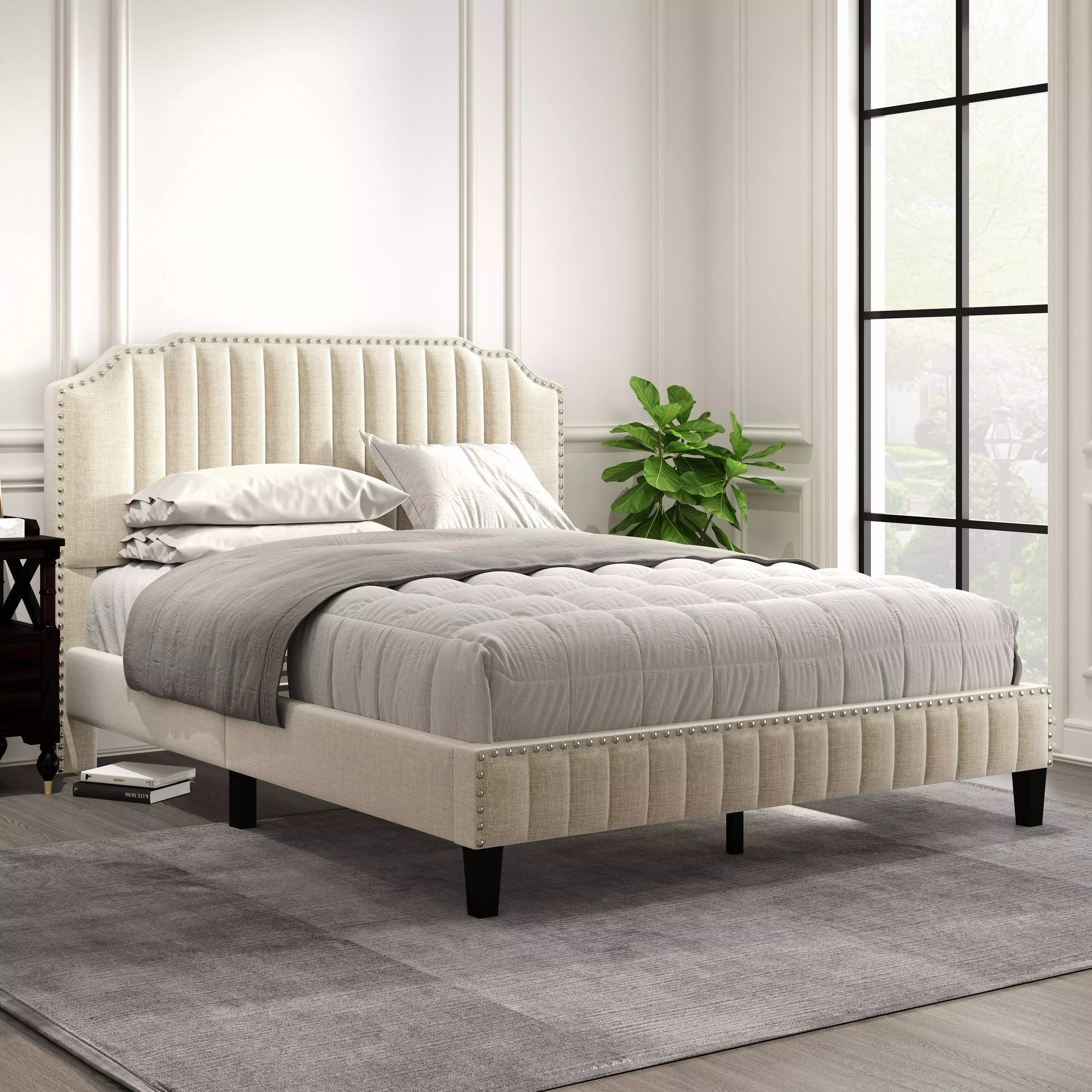 Cream Upholstered Platform Bed Queen Size Solid Wood Slat Support Wingback Headboard Heavy Duty Mattress Foundation No Box...