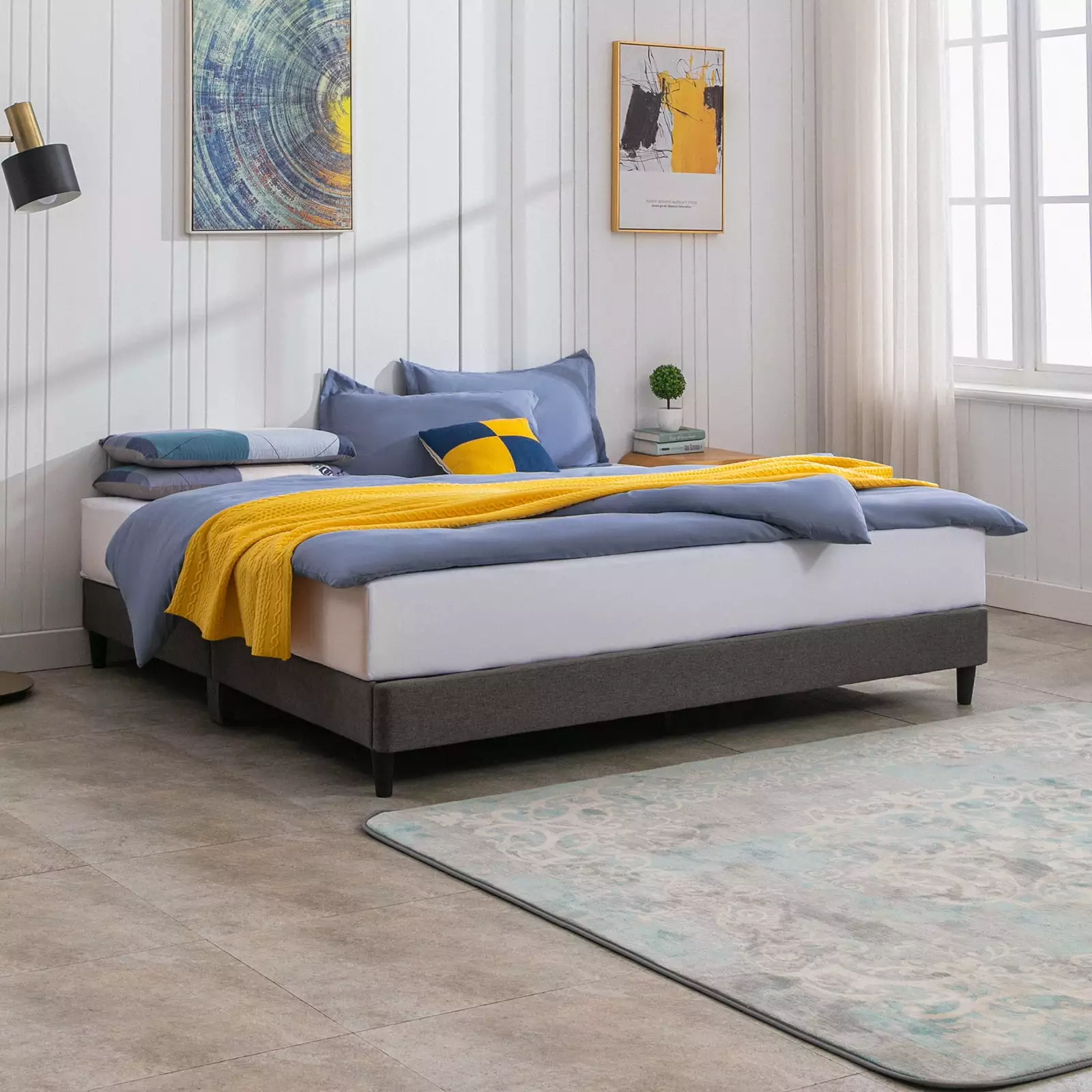 ijuicy Queen Size Bed Frame Linen Upholstered Platform Bed Frame Wooden Slat Support No Box Spring Needed Dark Grey
