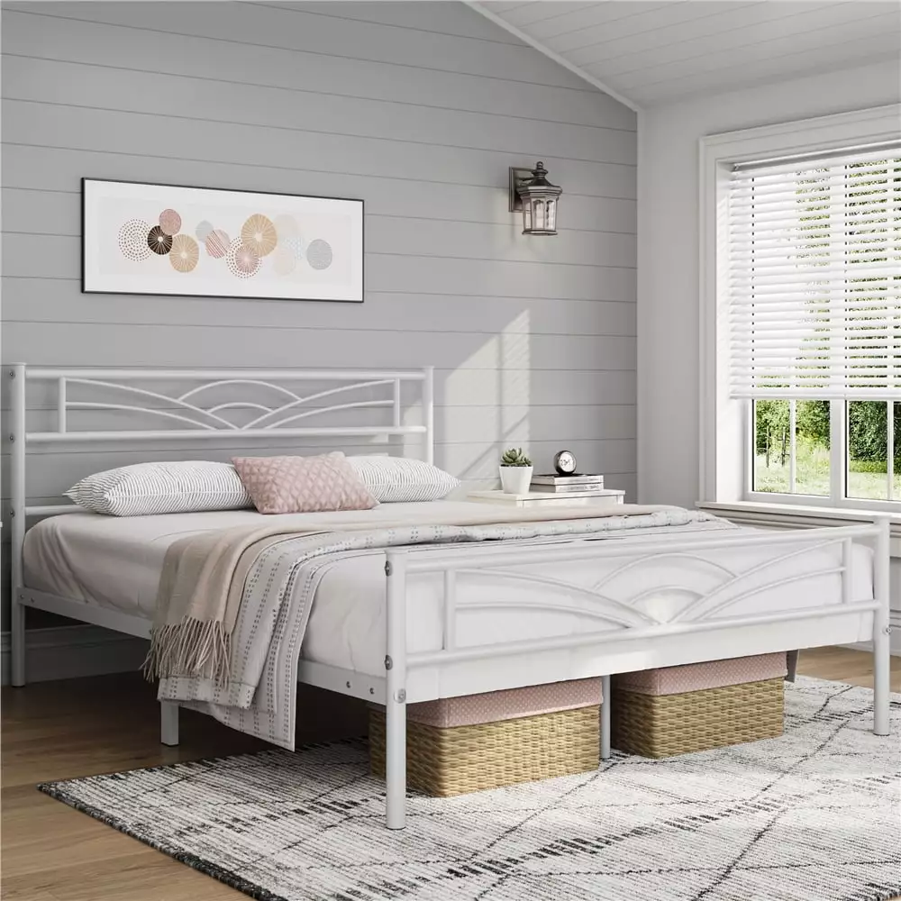 Topeakmart Metal Queen Size Platform Bed Cloud-inspired Design Headboard White