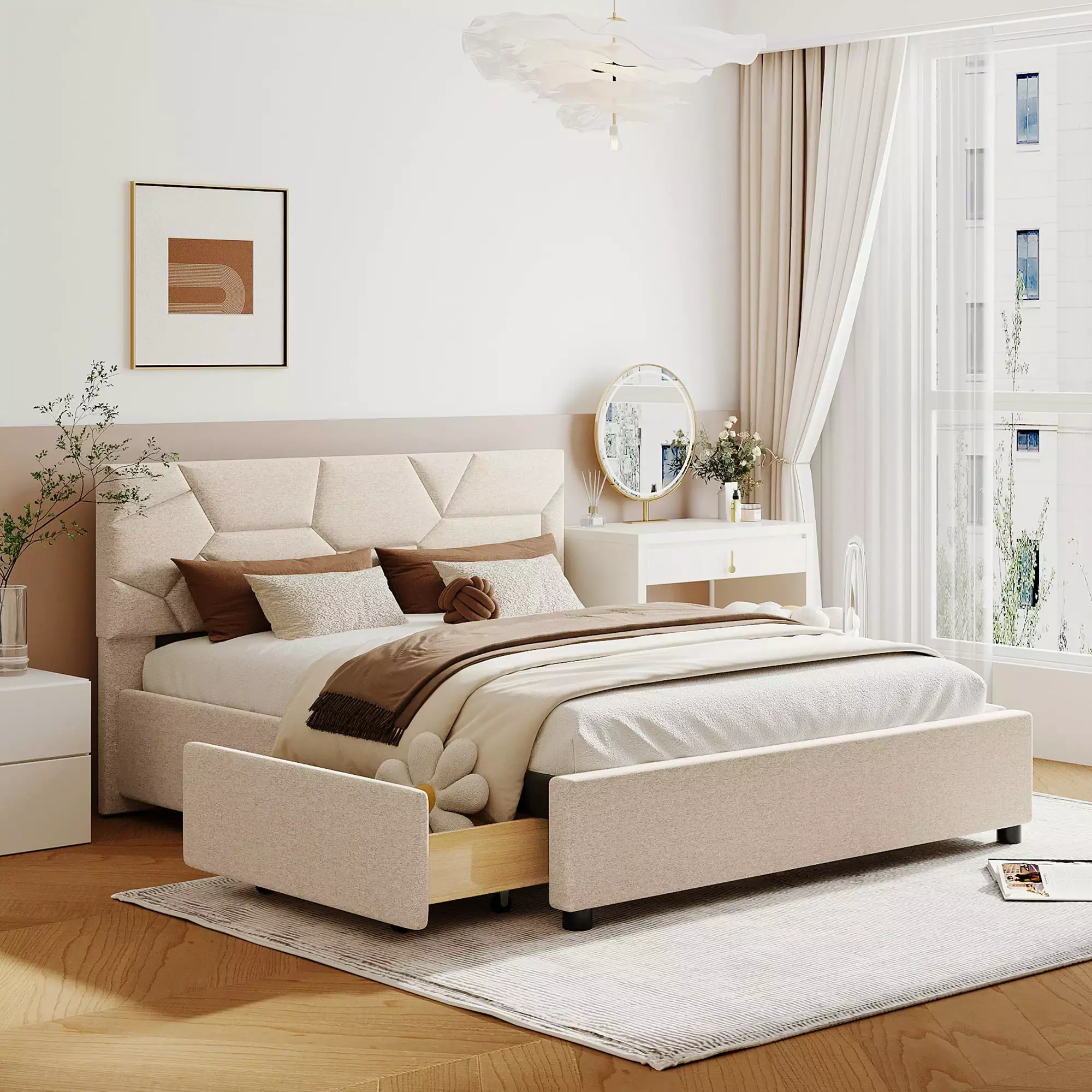 Bellemave Queen Size Upholstered Platform Bed Storage Headboard and 4 Drawers Modern Linen Bed Frame