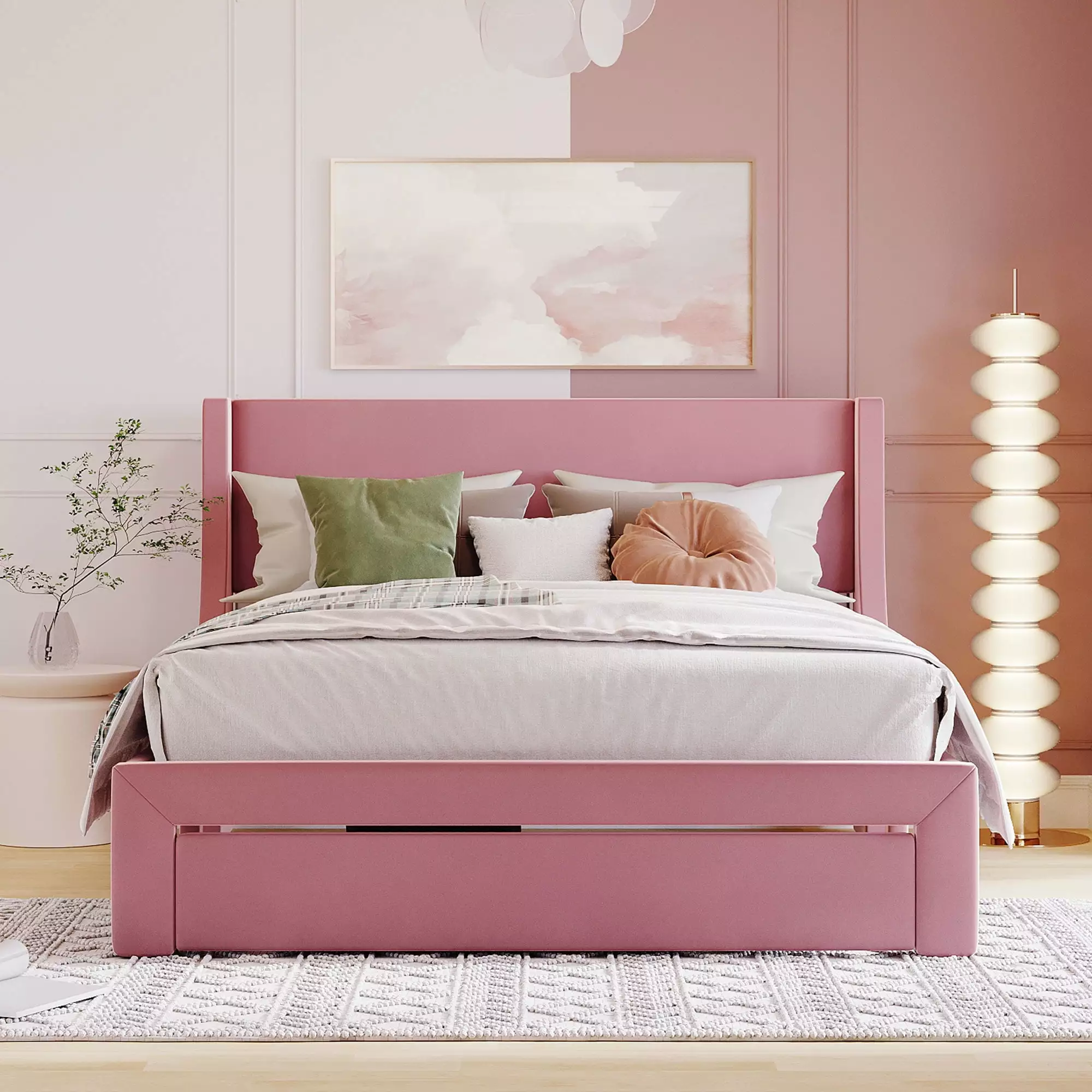 BTMWAY Queen Storage Bed Frame Big Drawer Upholstered Platform Bed Headboard No Box Spring Needed Heavy Duty Pink