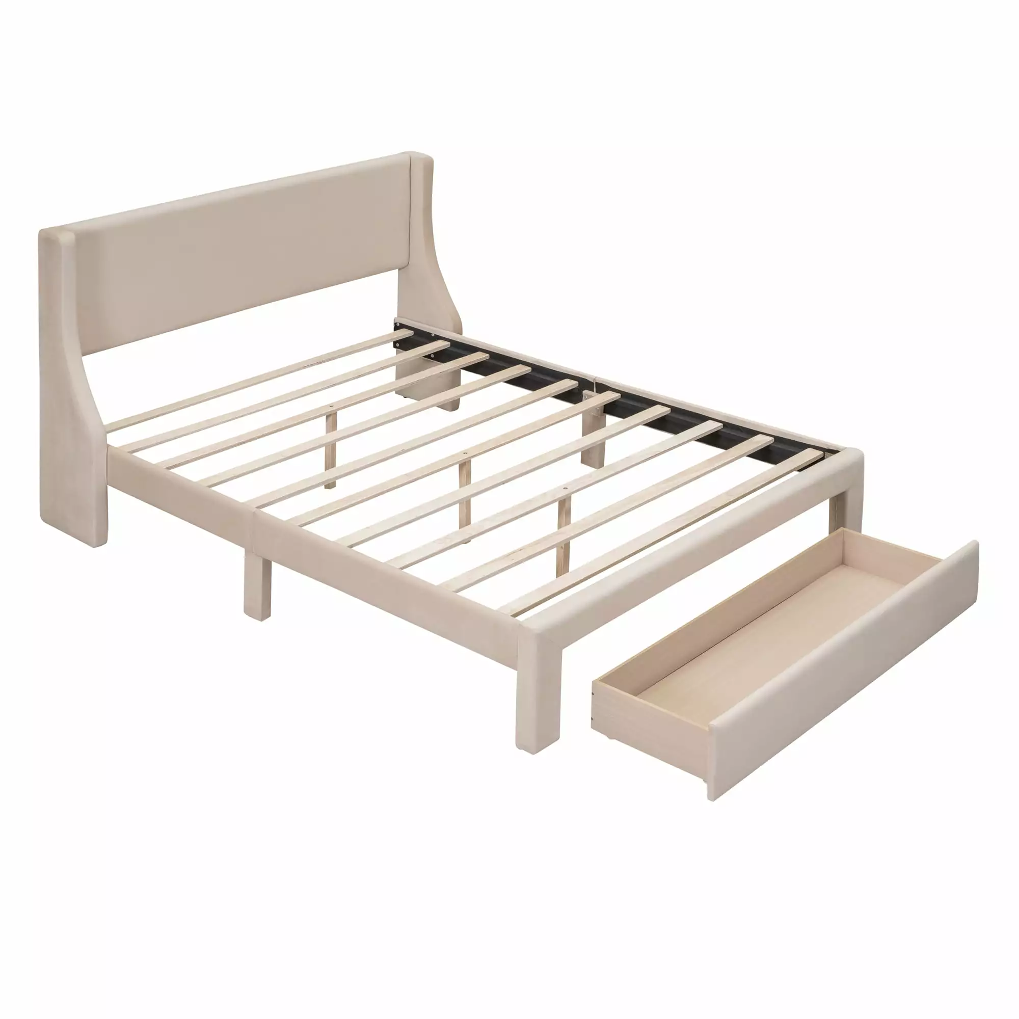 BTMWAY Queen Upholstered Storage Bed Beige Velvet Headboard and Big Drawer