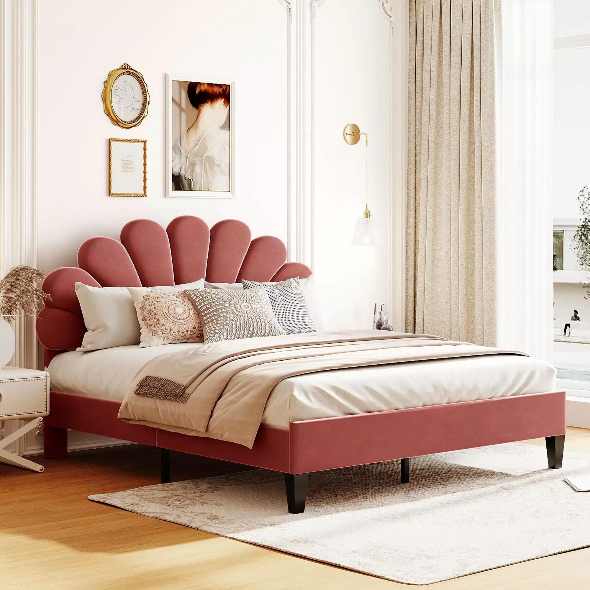 CITYLE Queen Size Upholstered Platform Bed Flower Pattern Velvet Headboard Kids and Adults Bean Paste Red