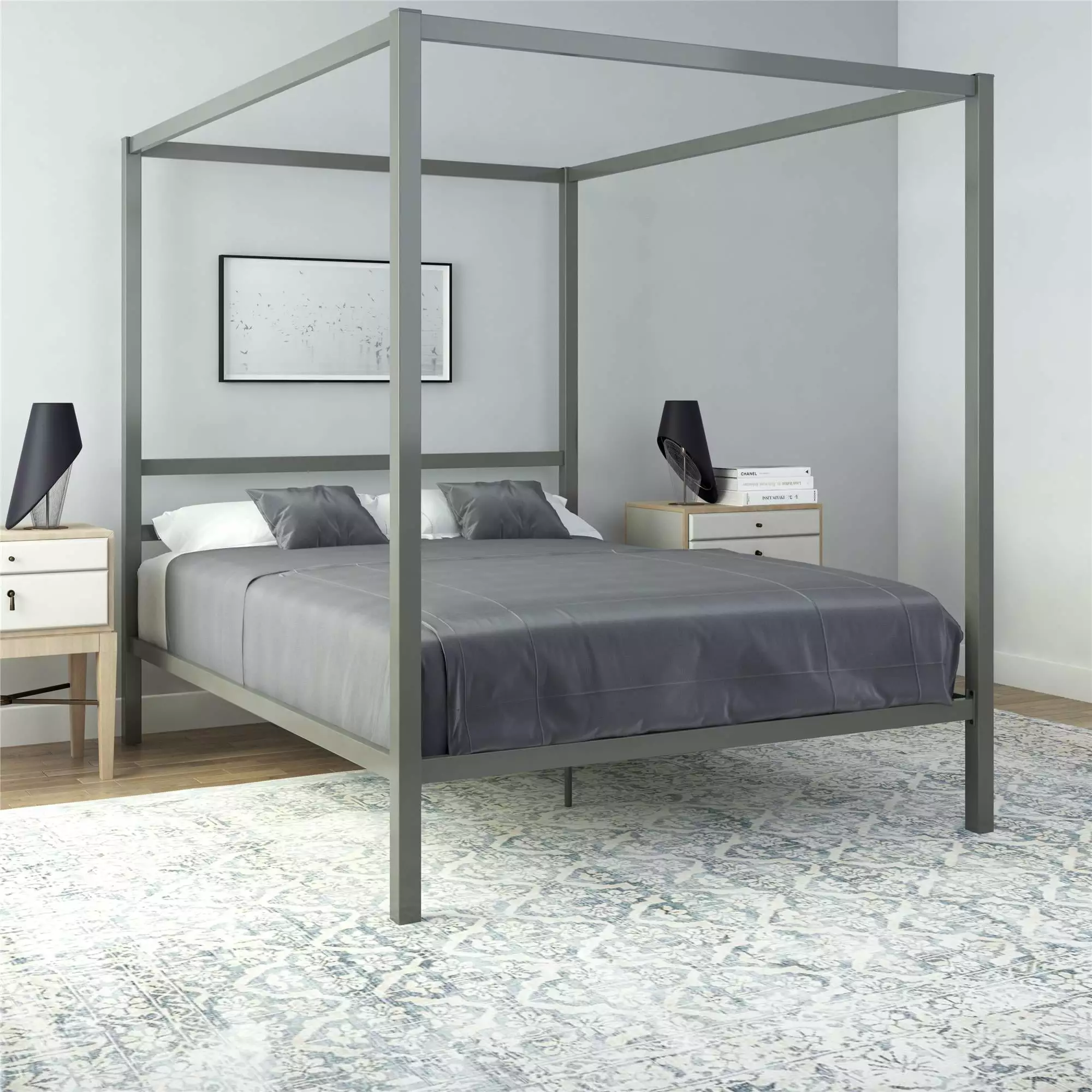 DHP Modern Metal Canopy Poster Bed Queen Size Gunmetal Gray