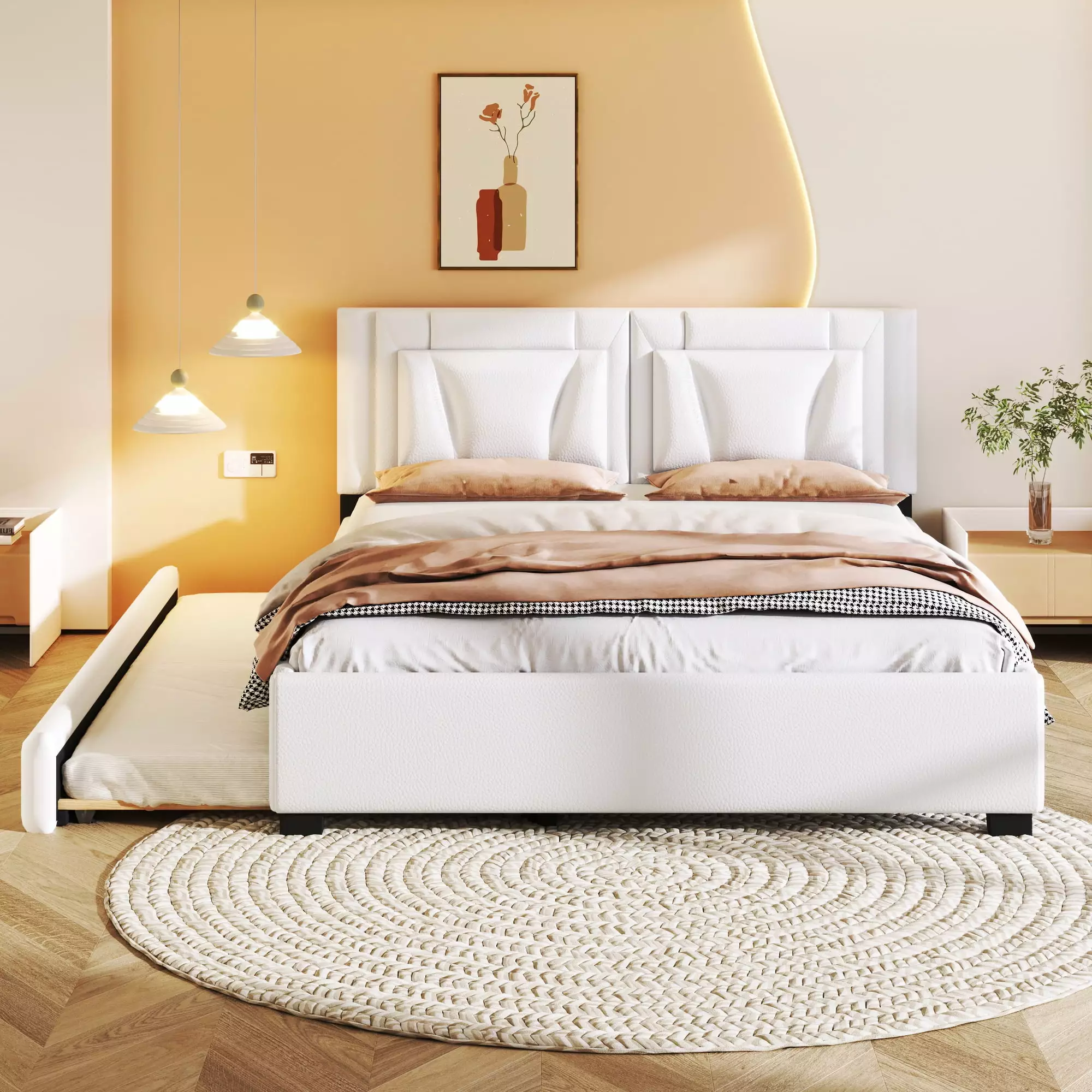 Euroco Upholstered Queen Platform Bed Headboard and Twin Trundle Kids and Adults White