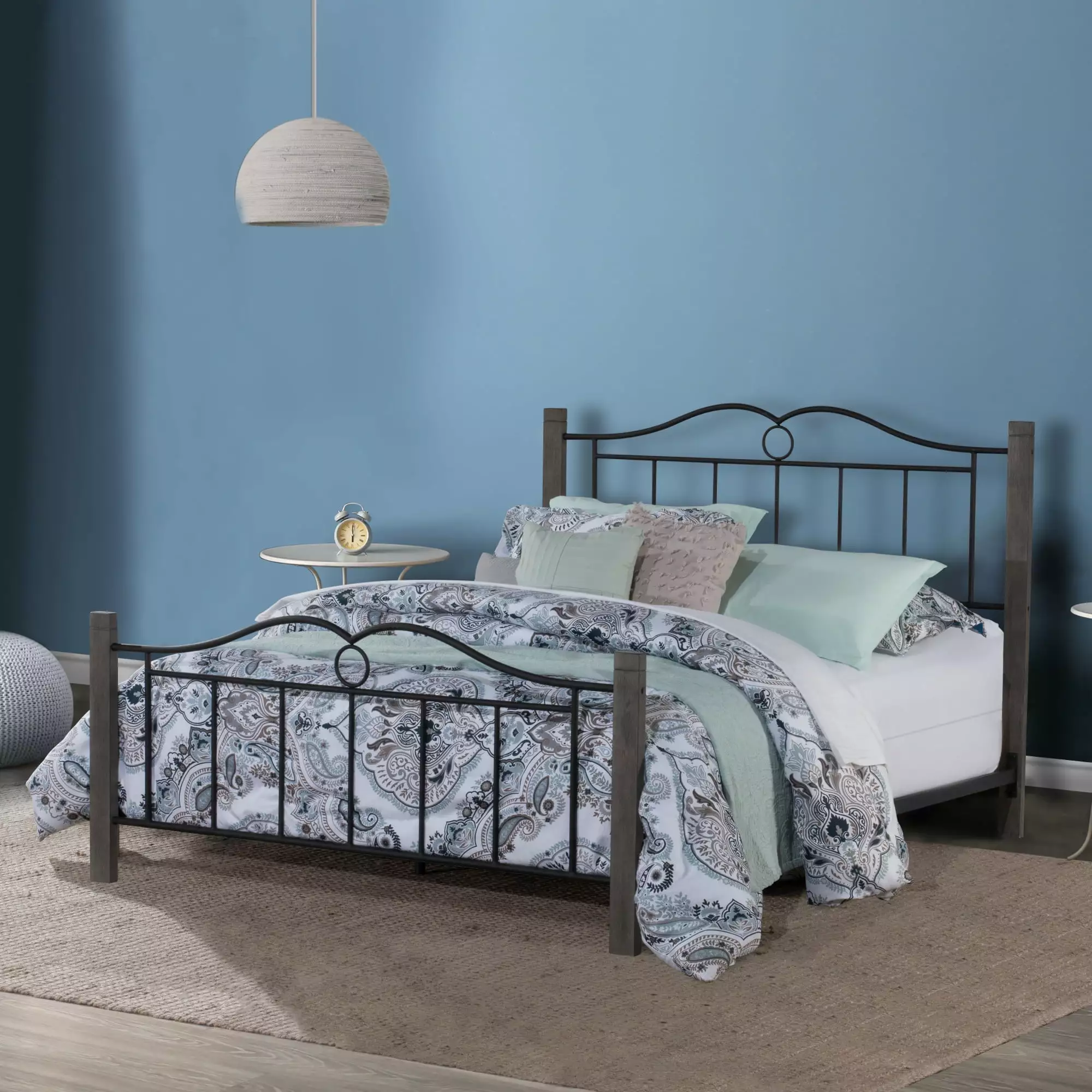 Hillsdale Furniture Dumont Queen Bed Brushed Charcoal Wood Posts Scrolled Black Metal Frame