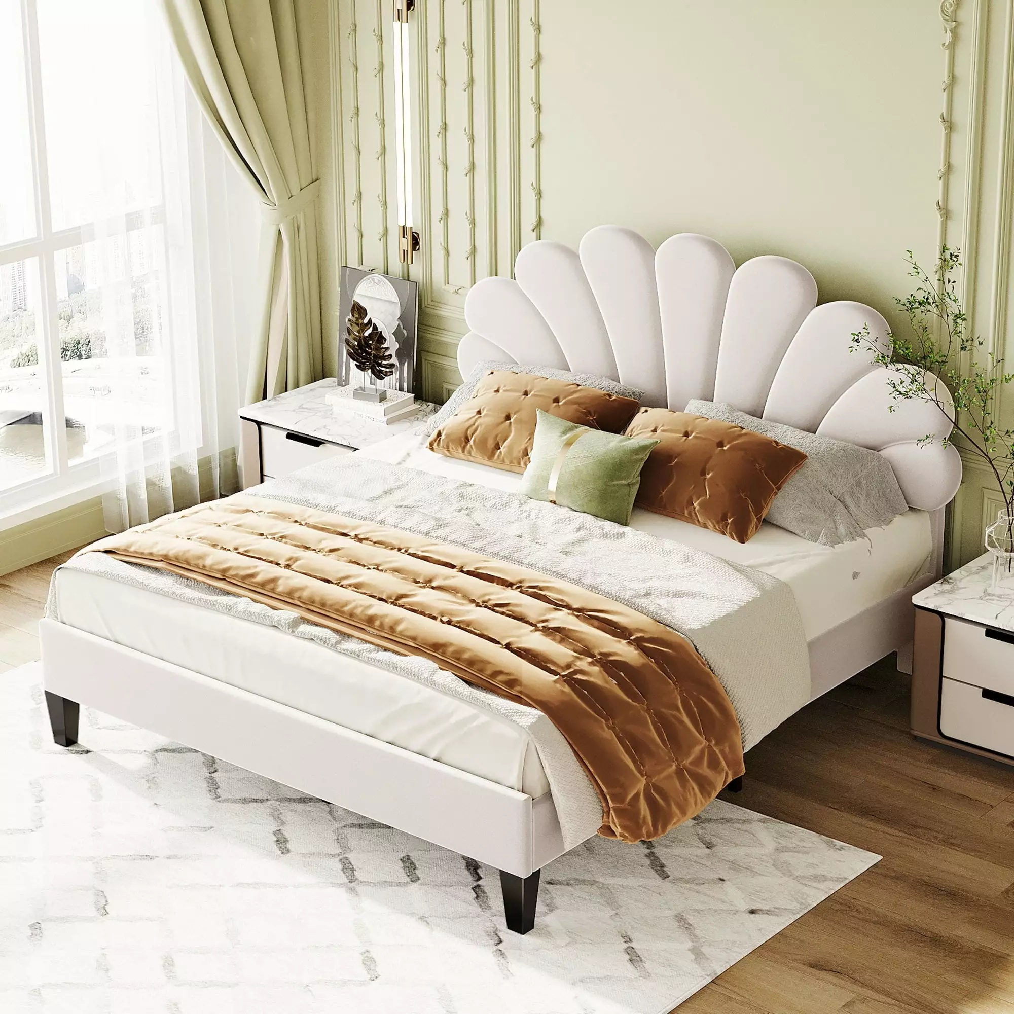 Sesslife Queen Bed Frame Velvet Upholstered Platform Bed Flower Pattern Headboard No Box Spring Needed Beige