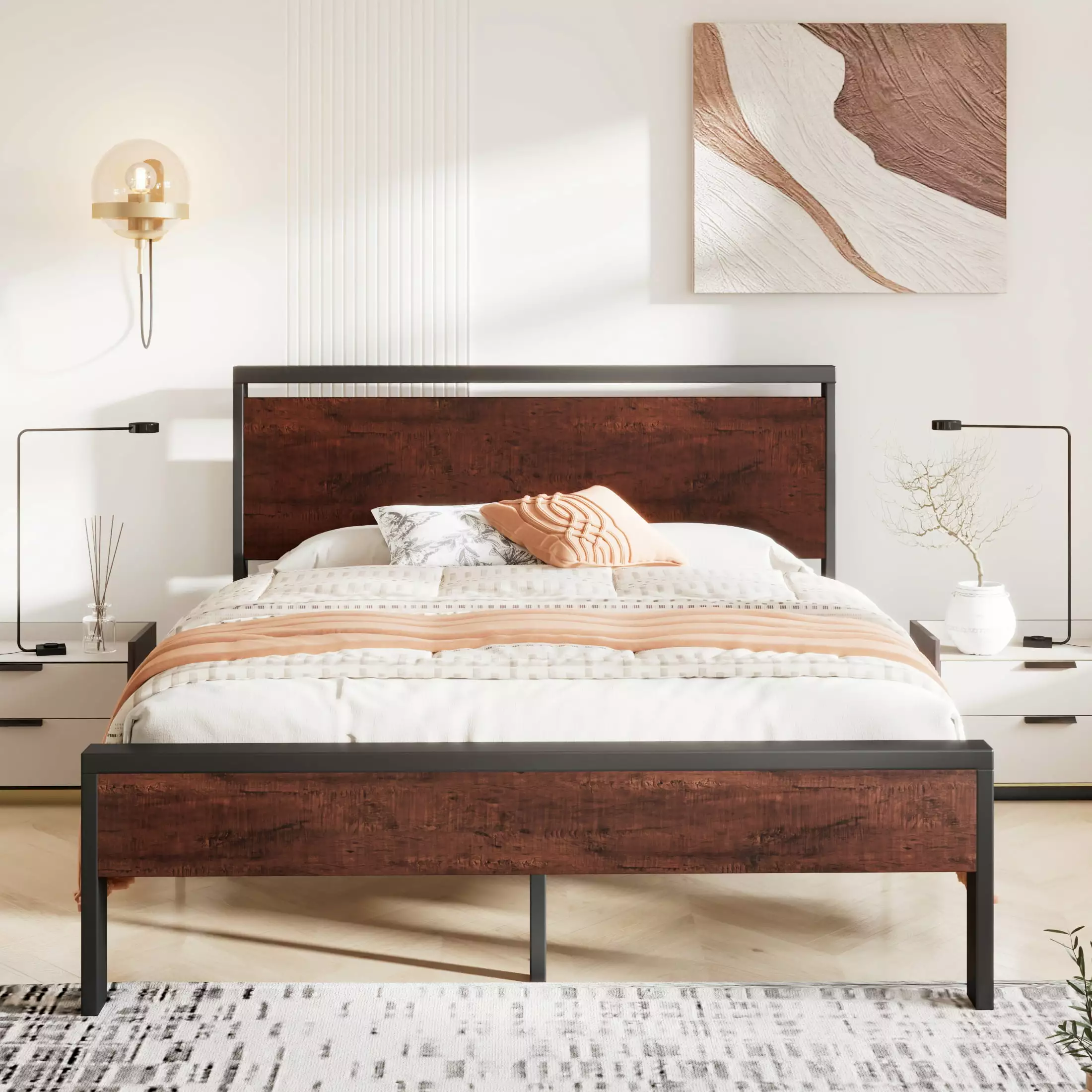 Sha Cerlin Walnut Queen Size Metal Platform Bed Frame Wooden Headboard Underbed Storage