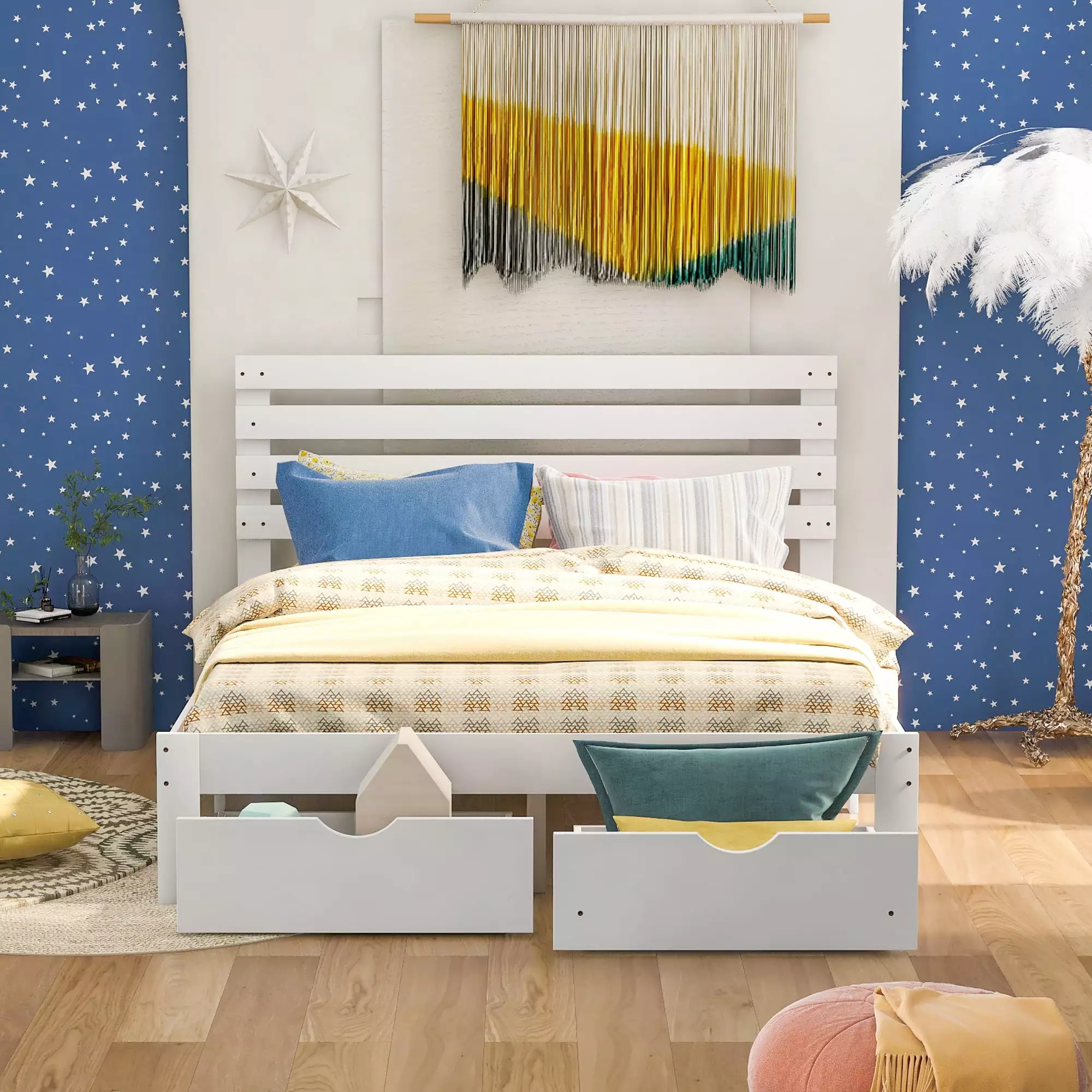 uhomepro Modern Queen Size Platform Bed Frame Kids Adults Storage Bed Headboard Pine Wood Queen Bed Frame Drawers Wood Sla...