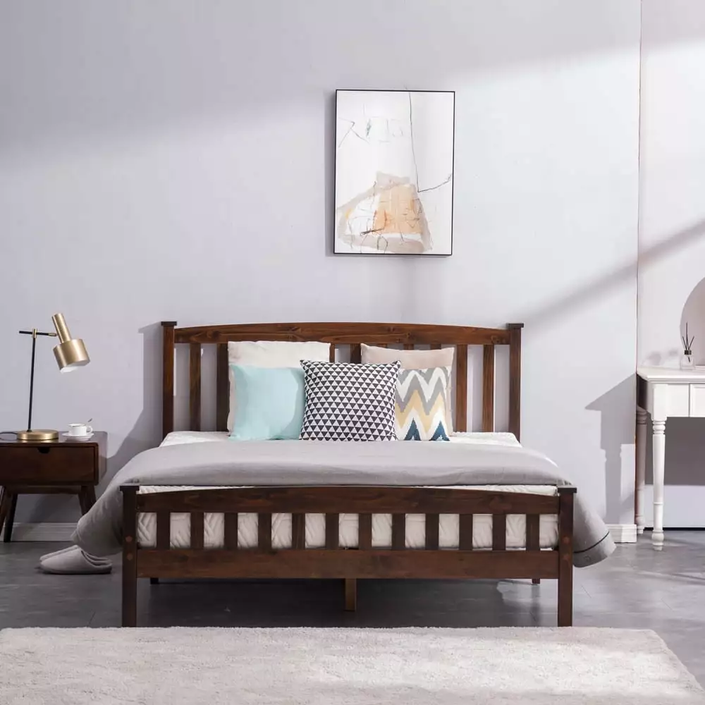uhomepro Queen Bed Frame Modern Platform Bed Headboard and Footboard Wood Slats Support Walnut
