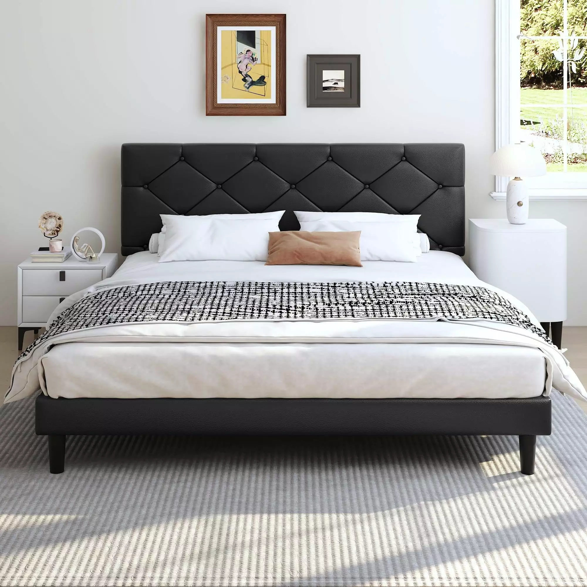 uhomepro Upholstered Platform Queen Bed Frame Headboard Black Faux Leather No Box Spring Needed