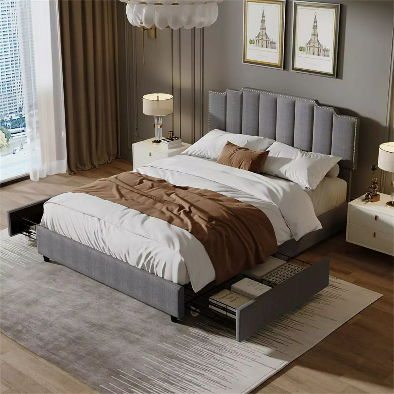 Queen Size Upholstered Platform Bed Gray Linen Bed Frame 2 Drawers Wooden Frame Square Stitched Headboard ARCTICSCORPION