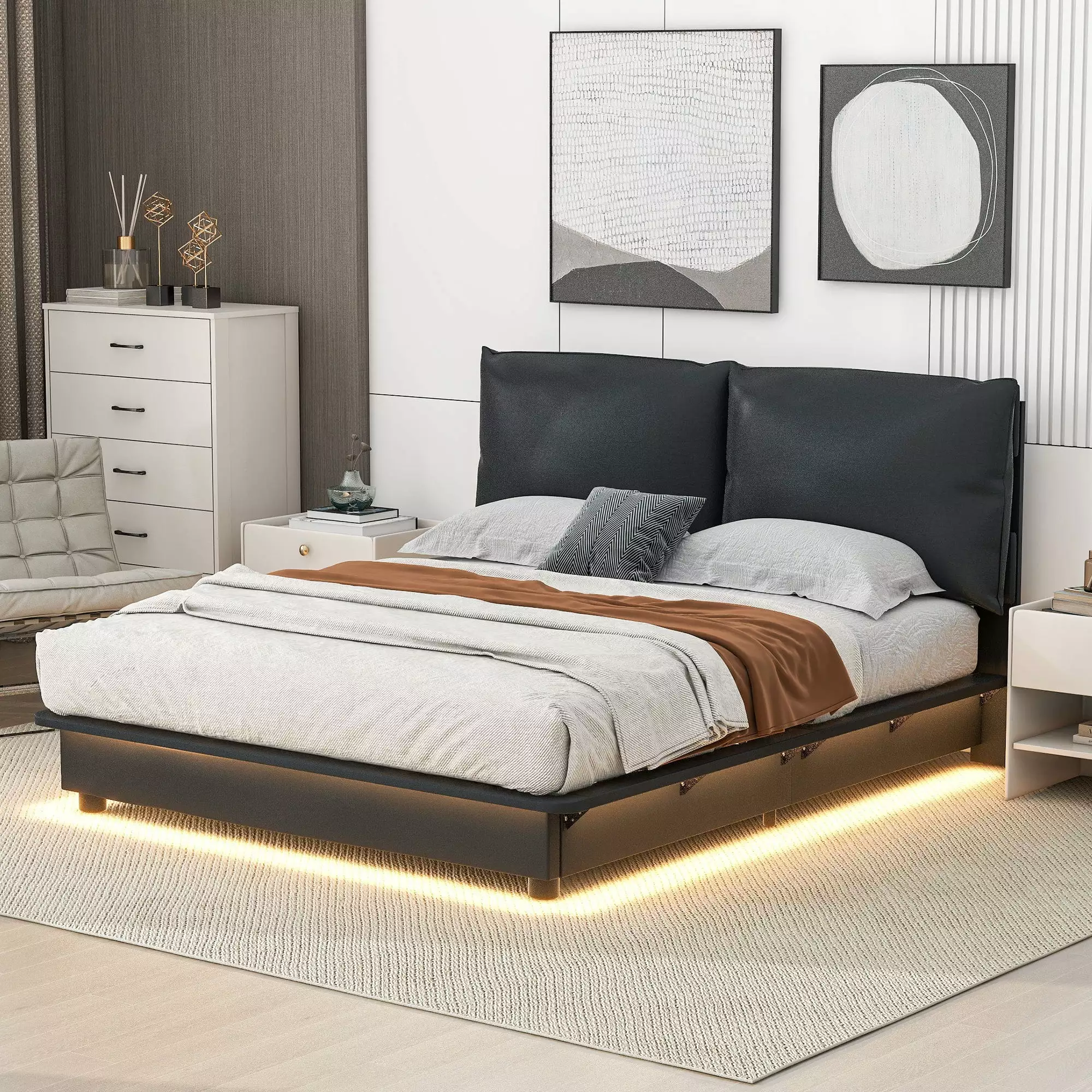 Leumius Queen Size Upholstered Platform Bed Sensor Light Black Ergonomic Backrests Heavy Duty Wood Slats Support