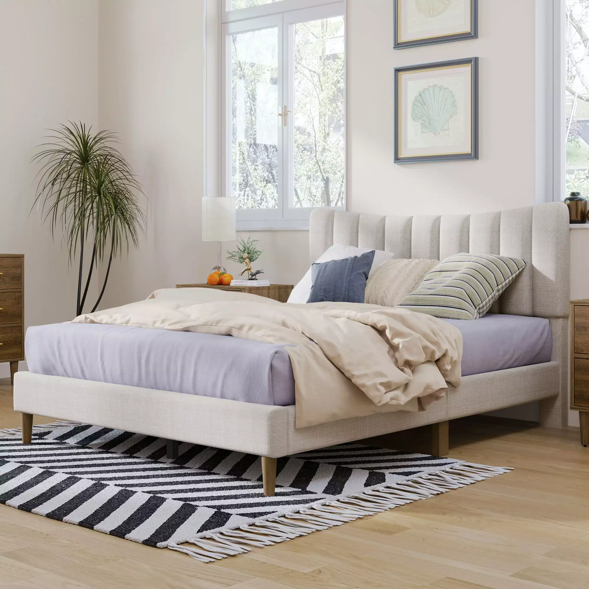 Paproos Queen Bed Frame Upholstered Platform Vertical Channel Tufted Headboard 800lbs Capacity Cream