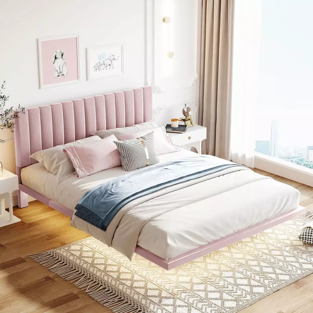 Queen Size Upholstered Bed Sensor Light and Headboard Floating Velvet Platform Bed Frame Pink Clipeyh