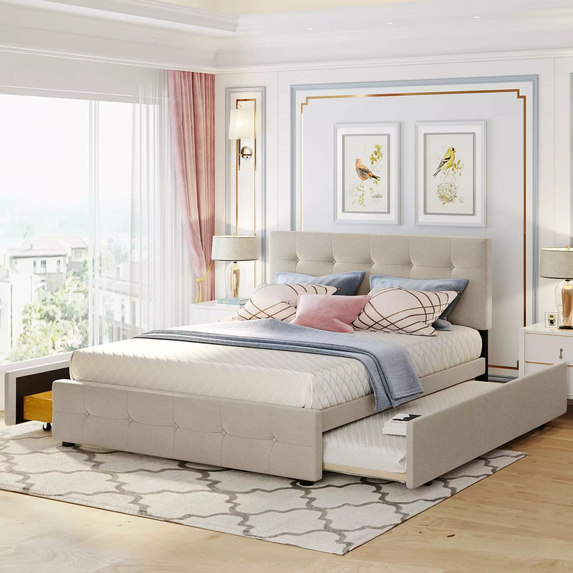 Upholstered Queen Size Platform Bed Frame 2 Drawers and Twin XL Trundle, Tufted Headboard Storage Bed Kids Teens Adults, D...