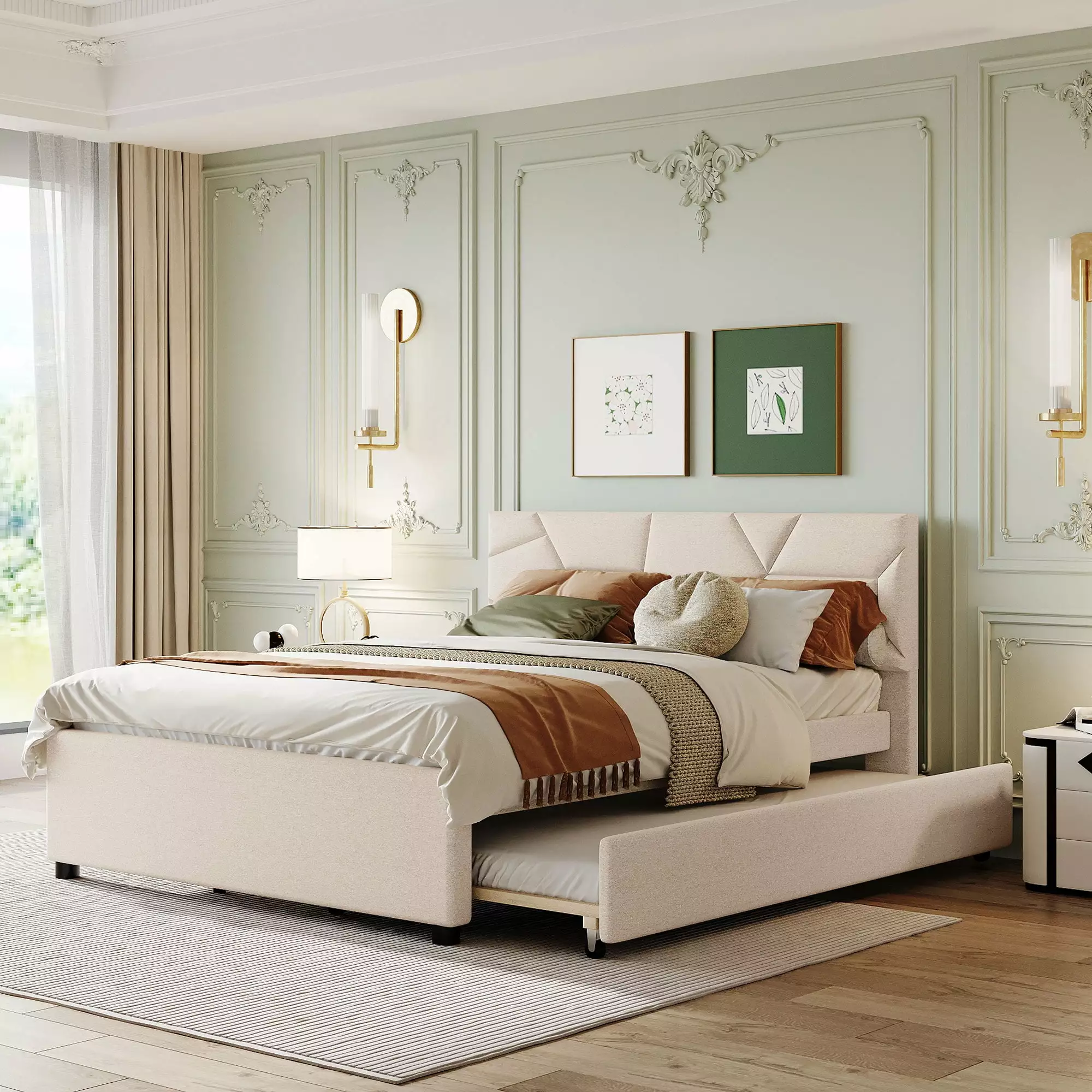 Bellemave Beige Queen Size Upholstered Bed Trundle and Brick Pattern Headboard
