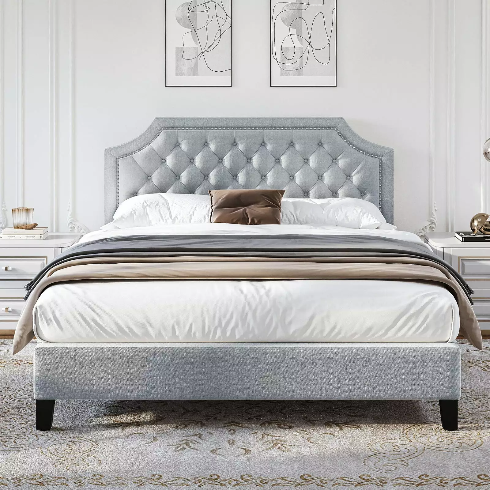 Dextrus Gray Queen Size Platform Bed Tufted Upholstered Adjustable Headboard