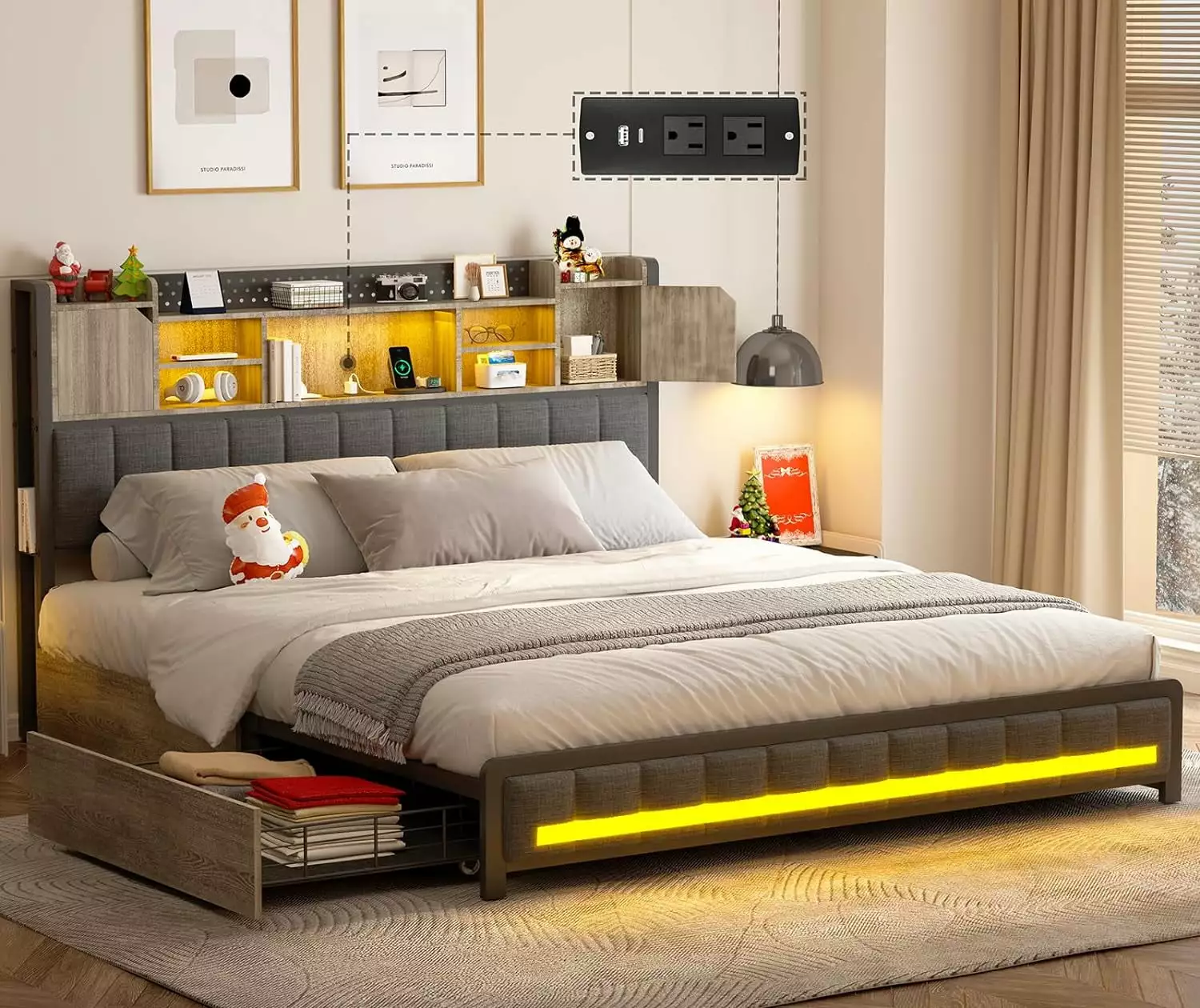 Queen Bed Frame 4 Storage Drawers and Bookcase Headboard LED Lights Dnxao
