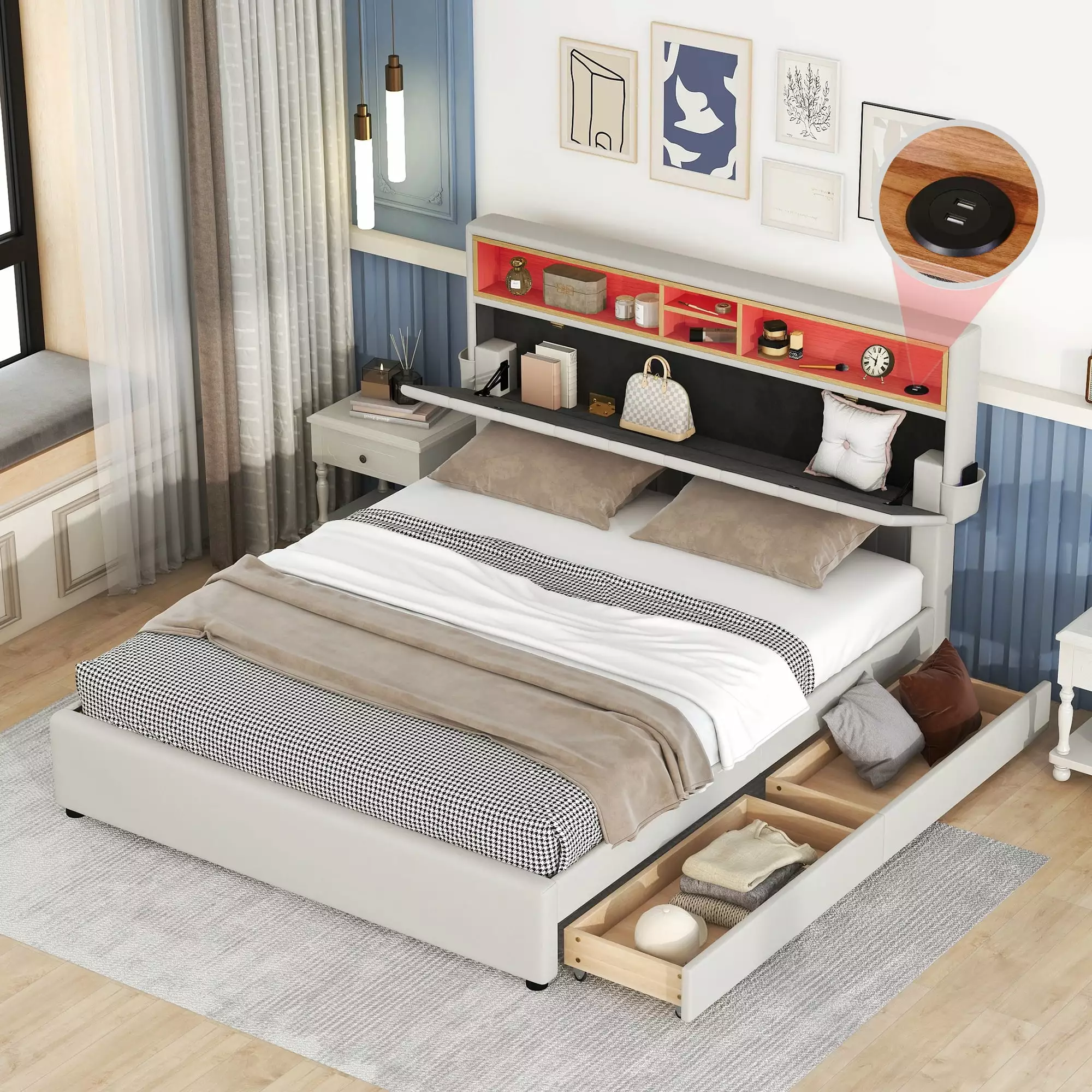 EUROCO Upholstered Queen Platform Bed Adjustable Headboard and LED Lights