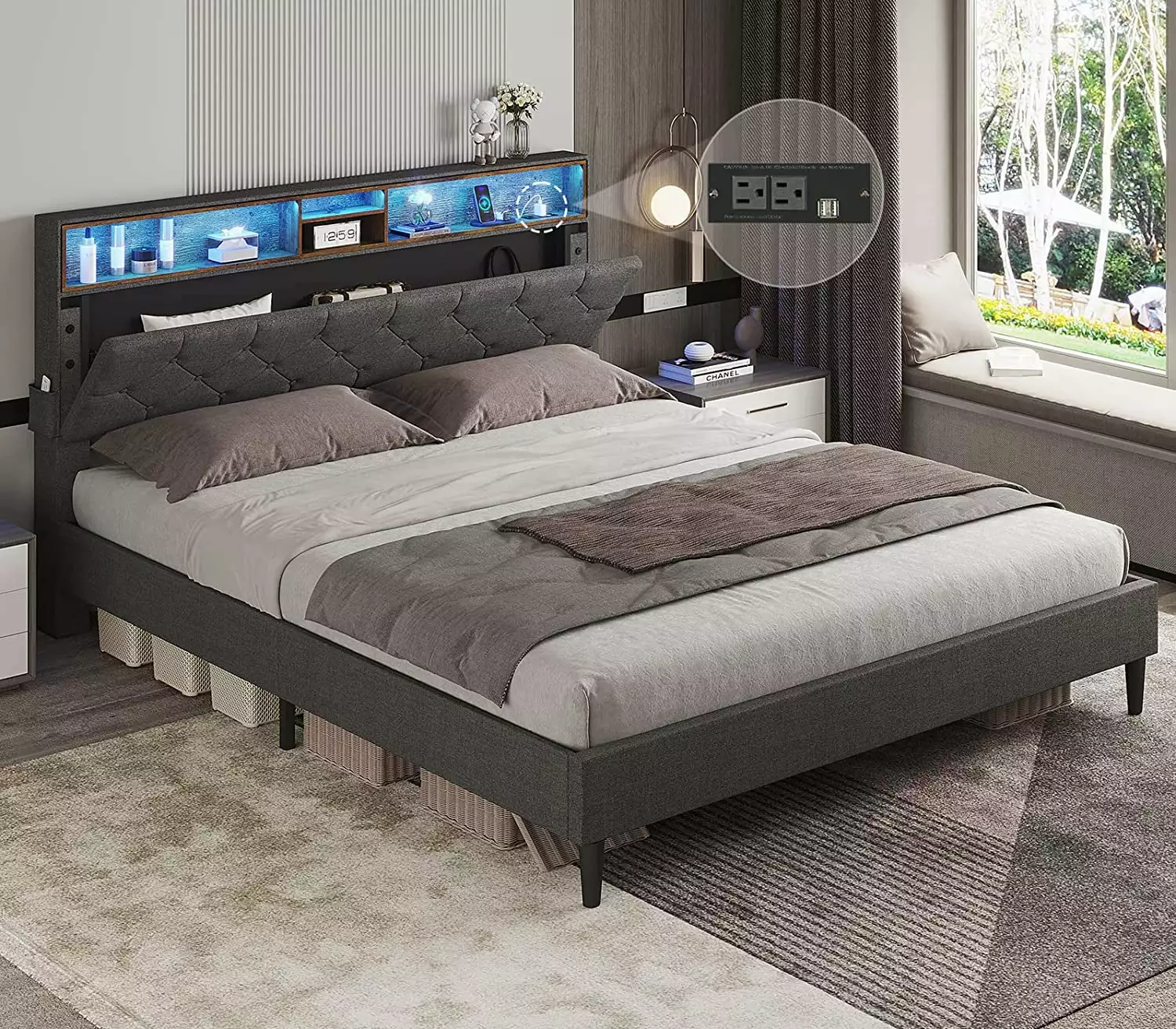 Queen Bed Frame Headboard Platform Bed Frame LED Lights and USB Ports Storage Shelves Diamond Stitched Dark Grey Kicode