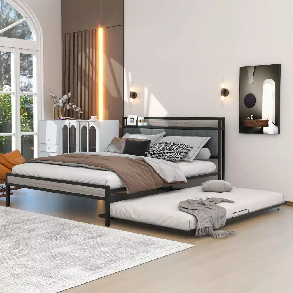 Black Queen Size Metal Platform Bed Frame Twin Trundle Upholstered Headboard USB Ports No Box Spring Triple Tree
