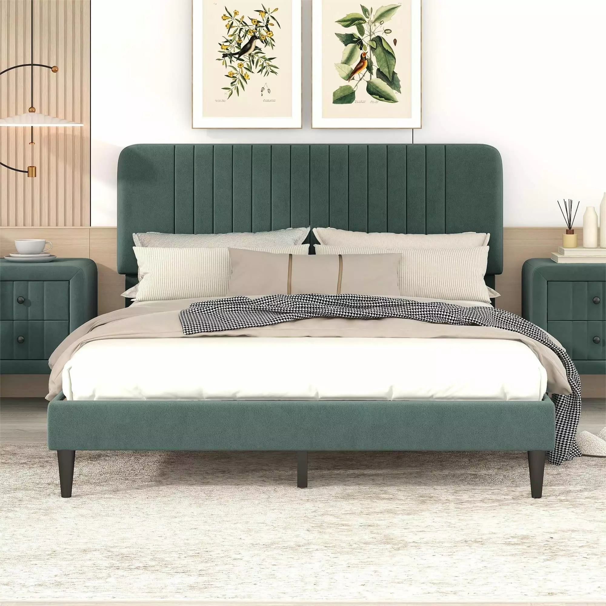 UBesGoo Queen Size Upholstered Platform Bed Velvet Fabric Green - No Box Spring Needed