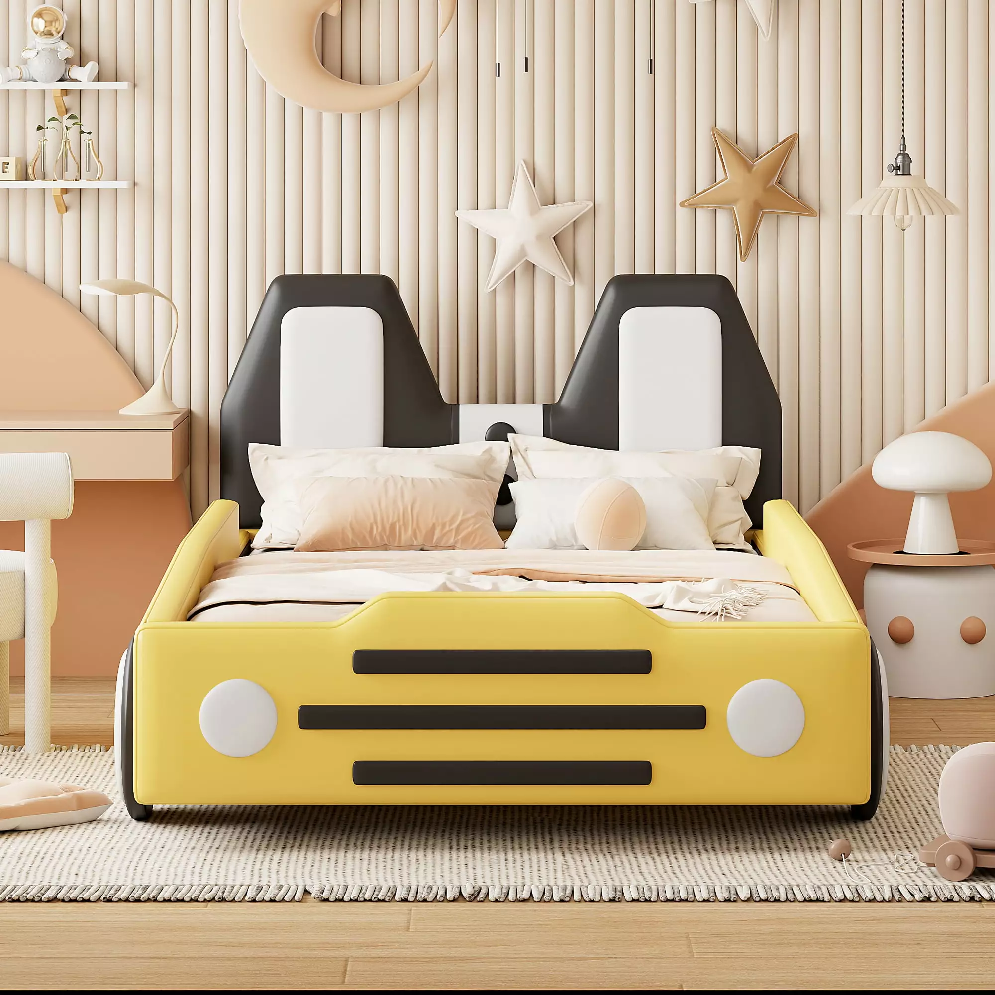 Euroco Upholstered Race Car Shaped Twin Size Platform Bed Kids Bedroom Yellow