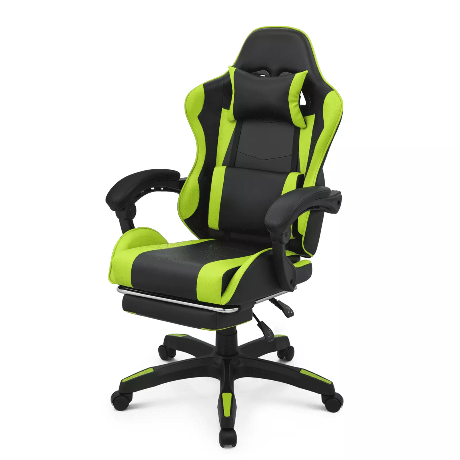 BEZT Gaming Chair Footrest Recliner and Headrest Pillow - Green Faux Leather PC Racing Computer Desk Seat