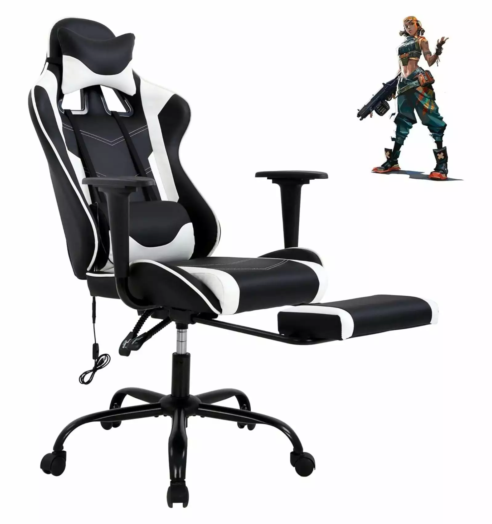 Gaming Chair Footrest High Back Ergonomic PU Leather Racing Office Chair - White Headrest and Massage Lumbar Support BULYAXIA