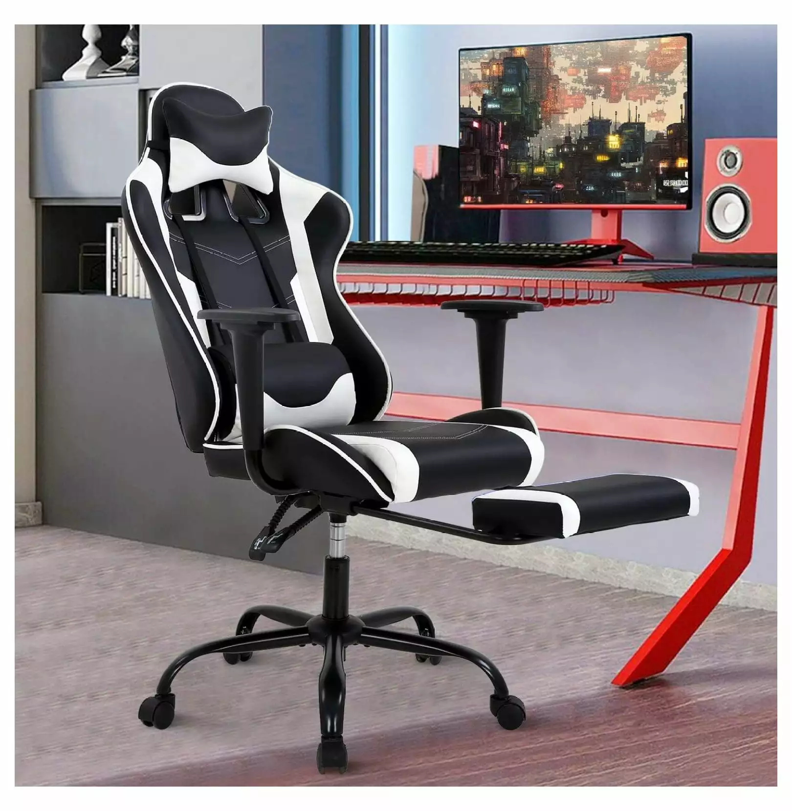 Gaming Chair Adults Footrest and Adjustable Armrest - Racing PC Chair Headrest KioJJp
