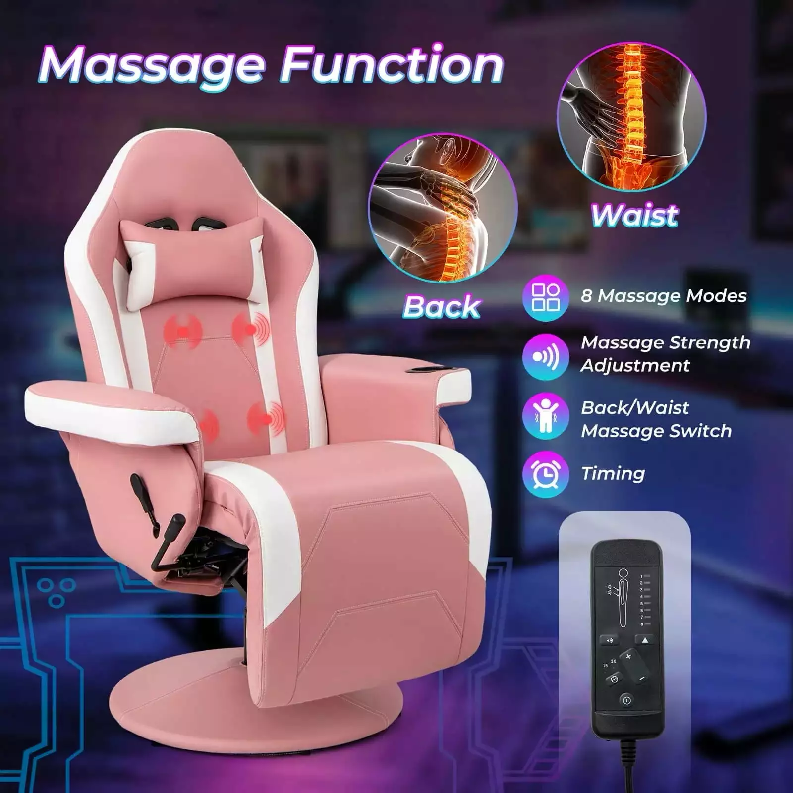 Laicejoy Massage Gaming Recliner Height Adjustable Racing Swivel Chair Cup Holder Pink