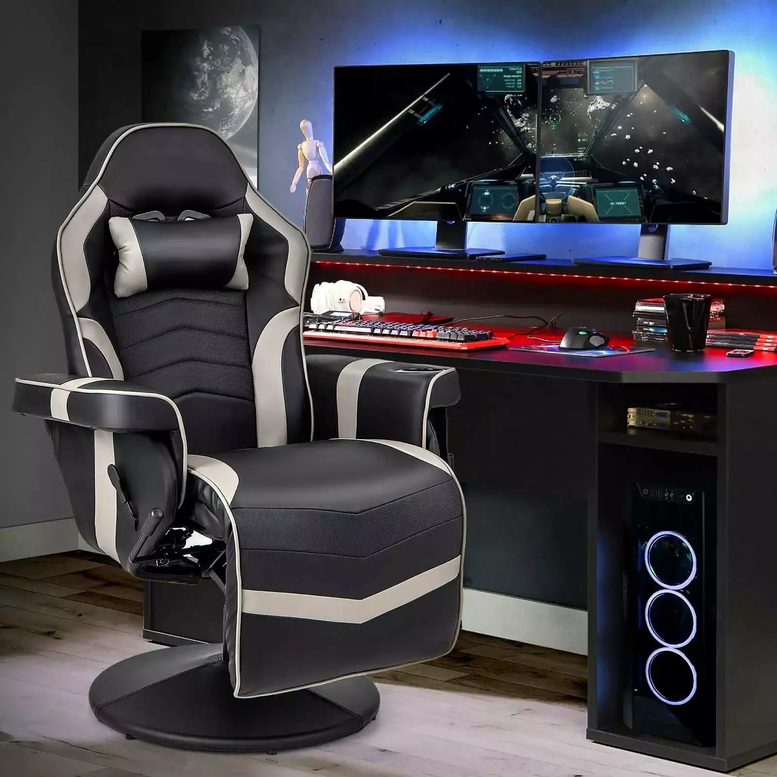 Laicejoy Massage Gaming Recliner Height Adjustable Racing Swivel Chair Cup Holder Black
