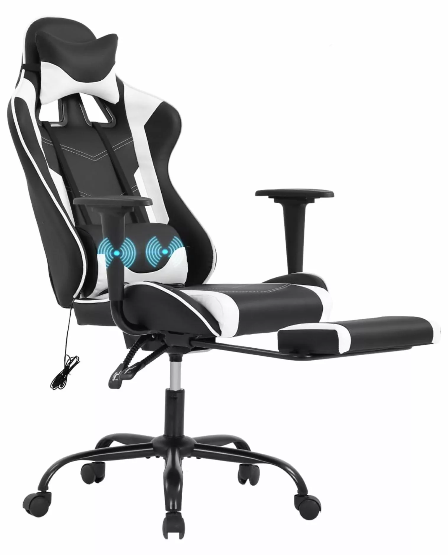 ChicCrest Racing Gaming Chair Office Massage Chair Ergonomic Recliner Computer Desk PU Leather Lumbar Support Footrest White