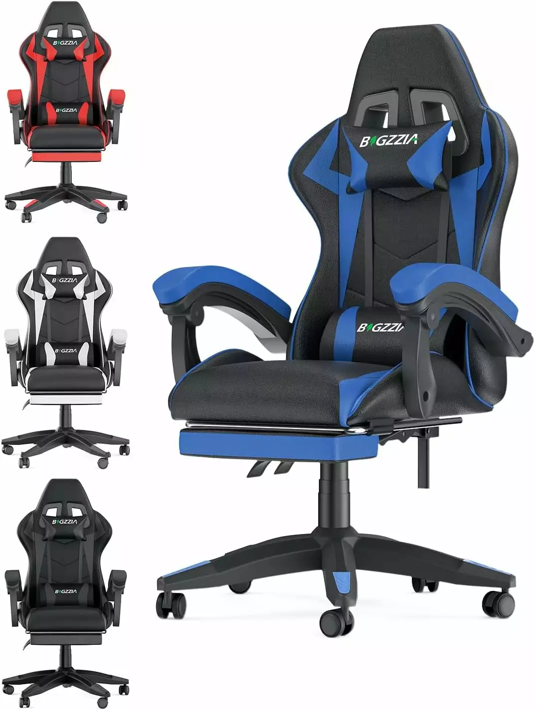 Black Blue Gaming Chair Footrest and Reclining High Back - E-Sports Video Gamer Chair FYB