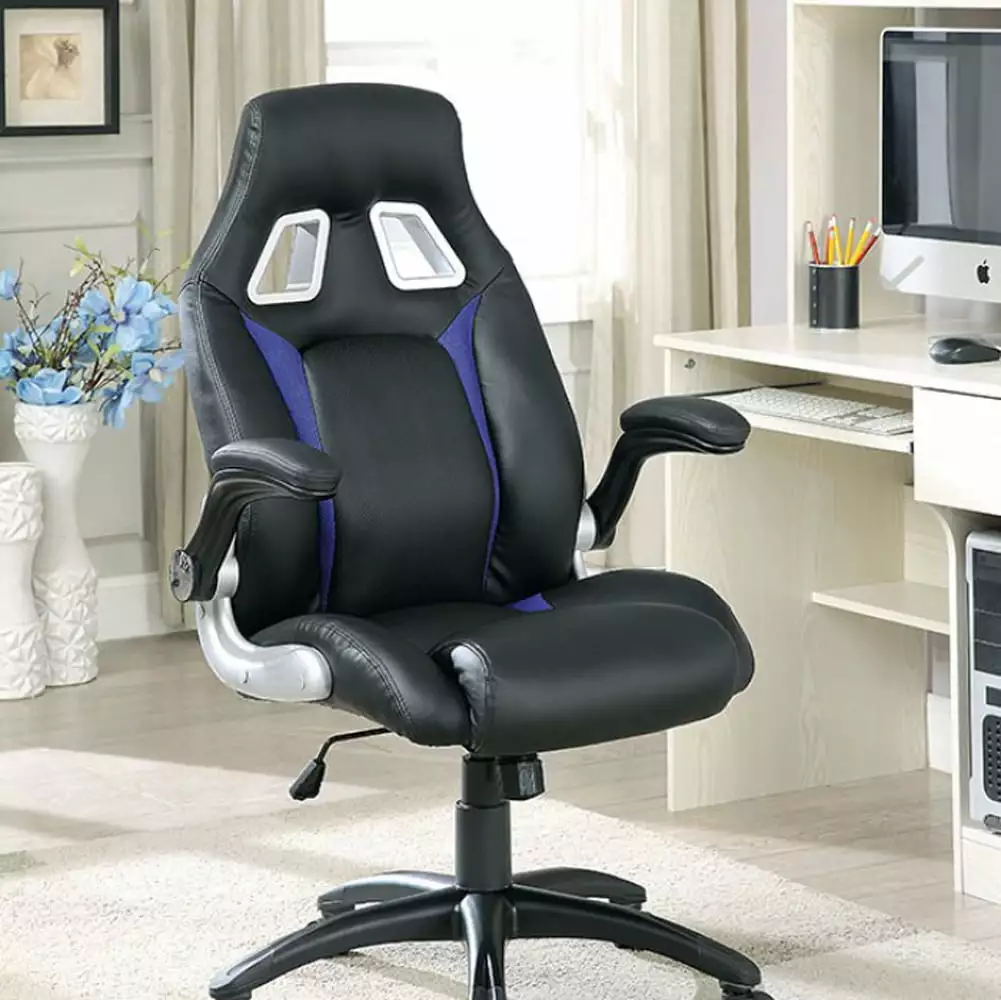Benzara Argon Contemporary Racing Car Office Chair Black Silver Blue Ergonomic Design CHARGER