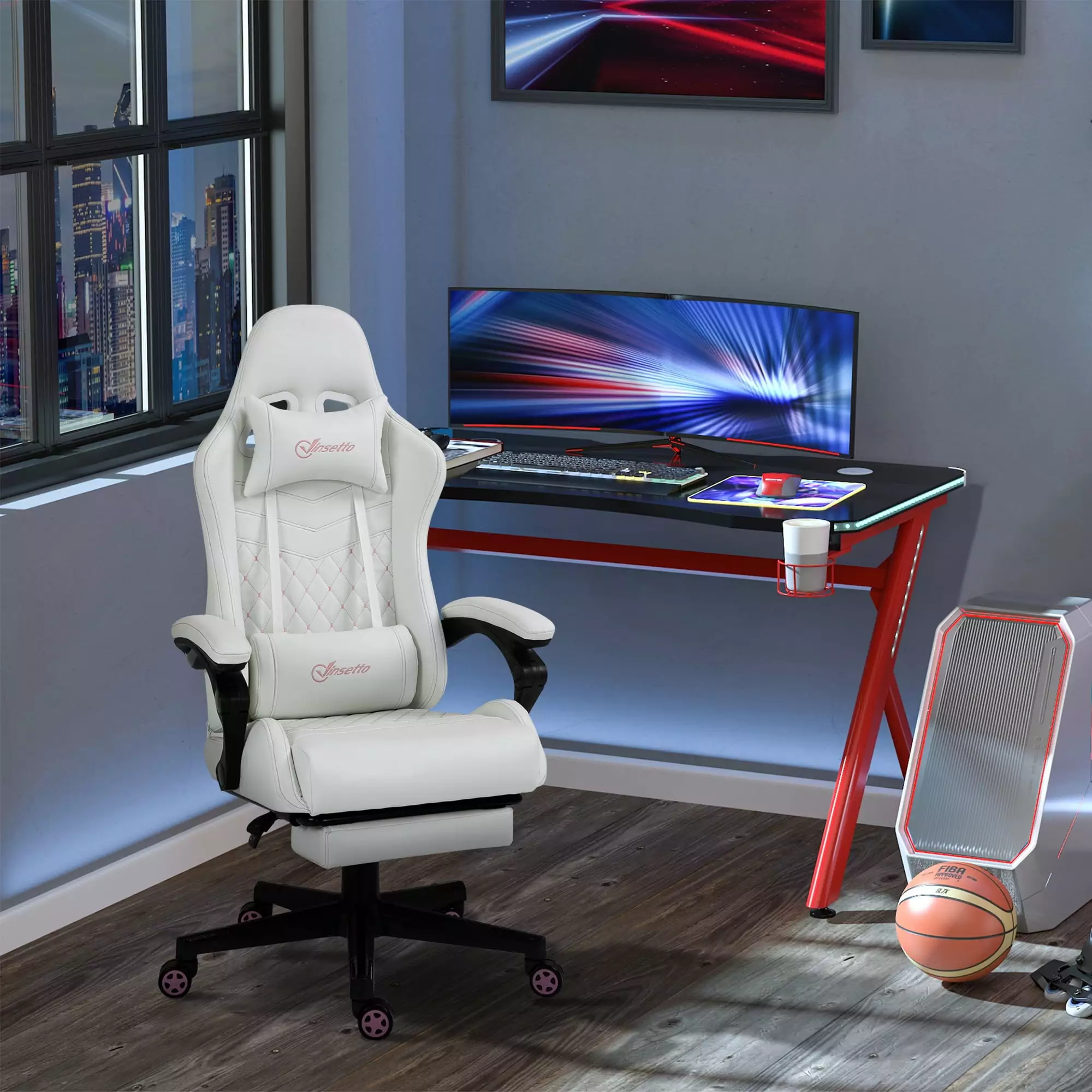 Vinsetto High Back PU Leather Gaming Chair Racing Computer Chair Swivel Wheels Retractable Footrest Headrest Lumbar Suppor...