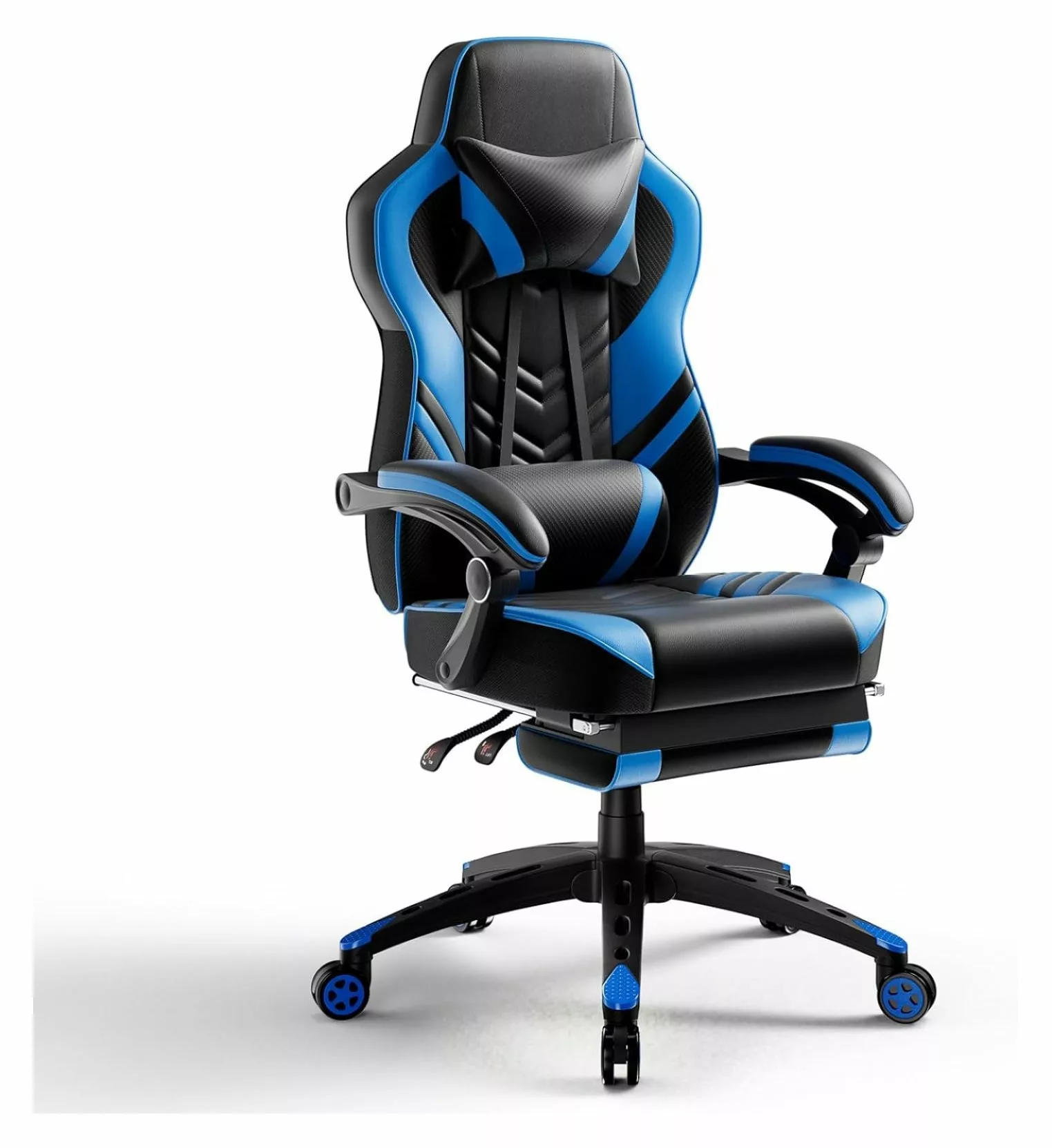 Wension Gaming Chair Footrest Lumbar Support Racing PU Leather Adjustable Swivel Task Chair Blue