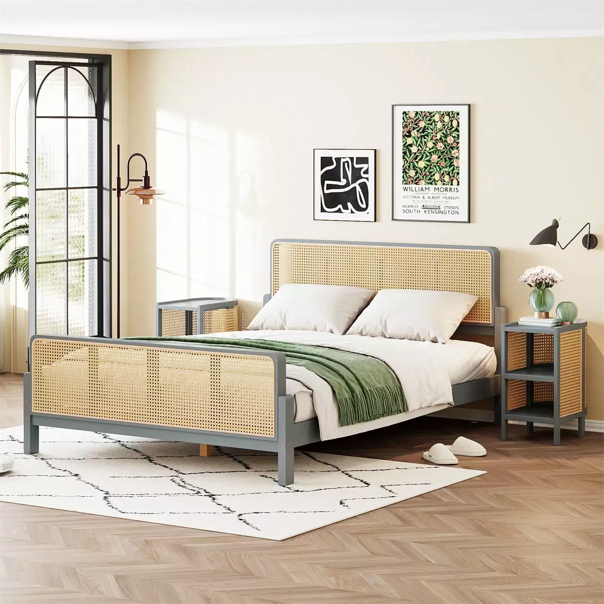 3 Pieces Full Size Rattan Platform Bed 2 Storage Nightstands Wooden Bed Frame Adults Teens HOMIQUEEN