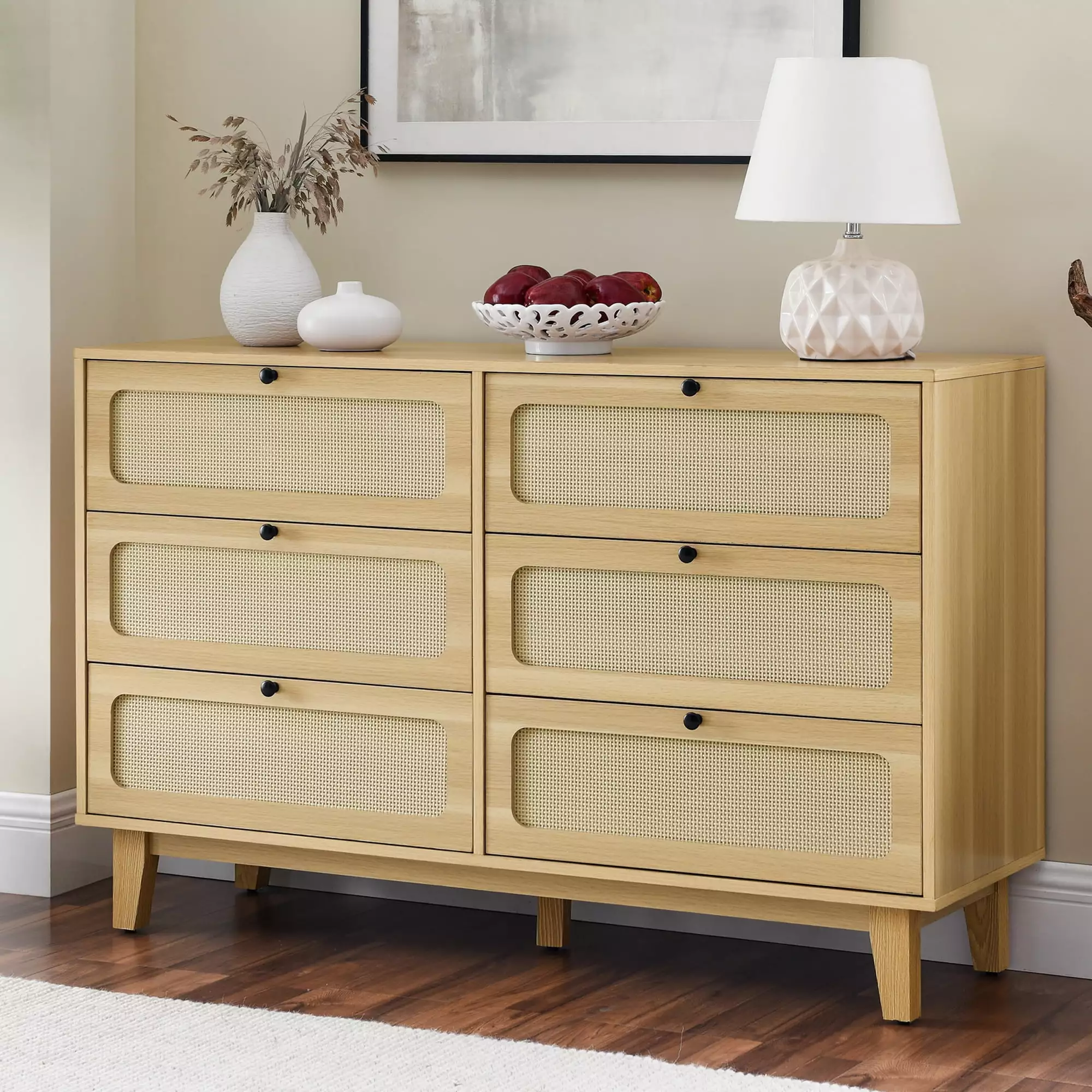 6 Drawer Rattan Dresser - Modern Farmhouse Chest Drawers Bedroom Living Room Hallway Diubas