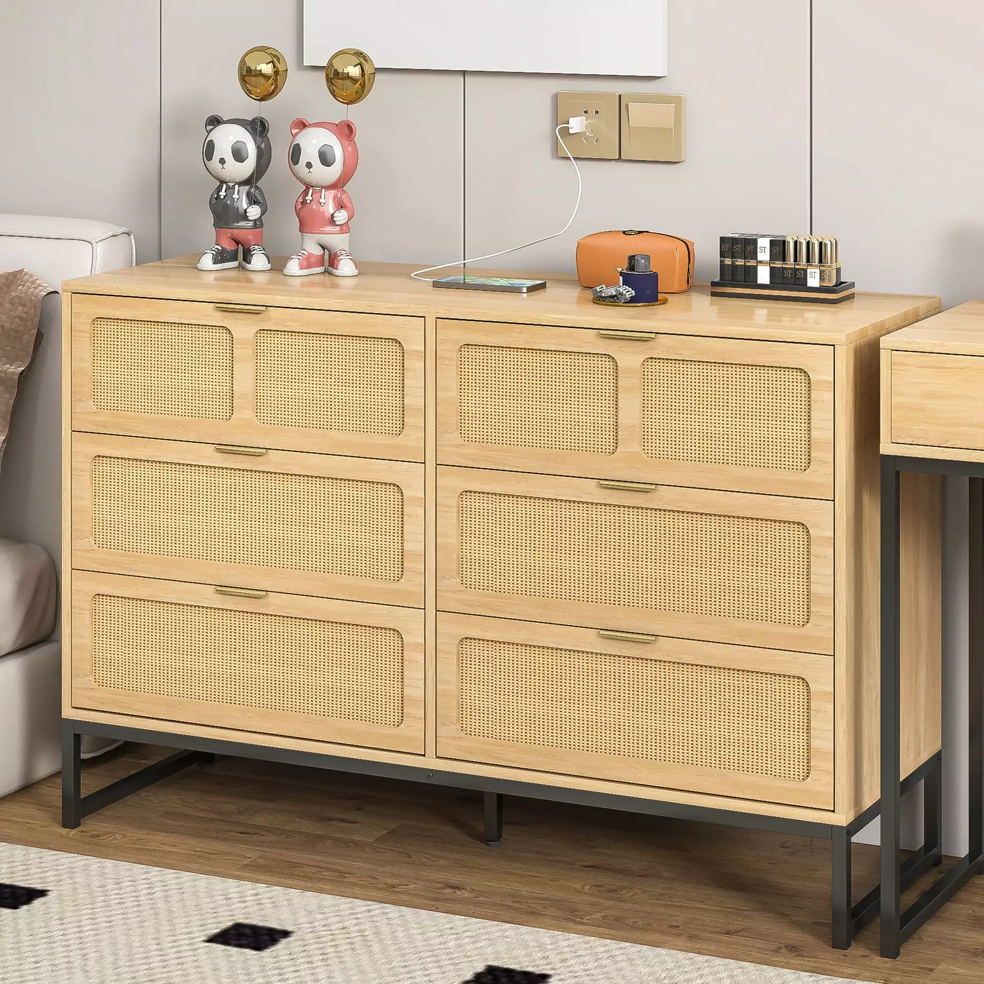 6 Drawer Rattan Dresser - Wood Chest Drawers Bedroom Living Room - Stylish Storage Solution Diubas
