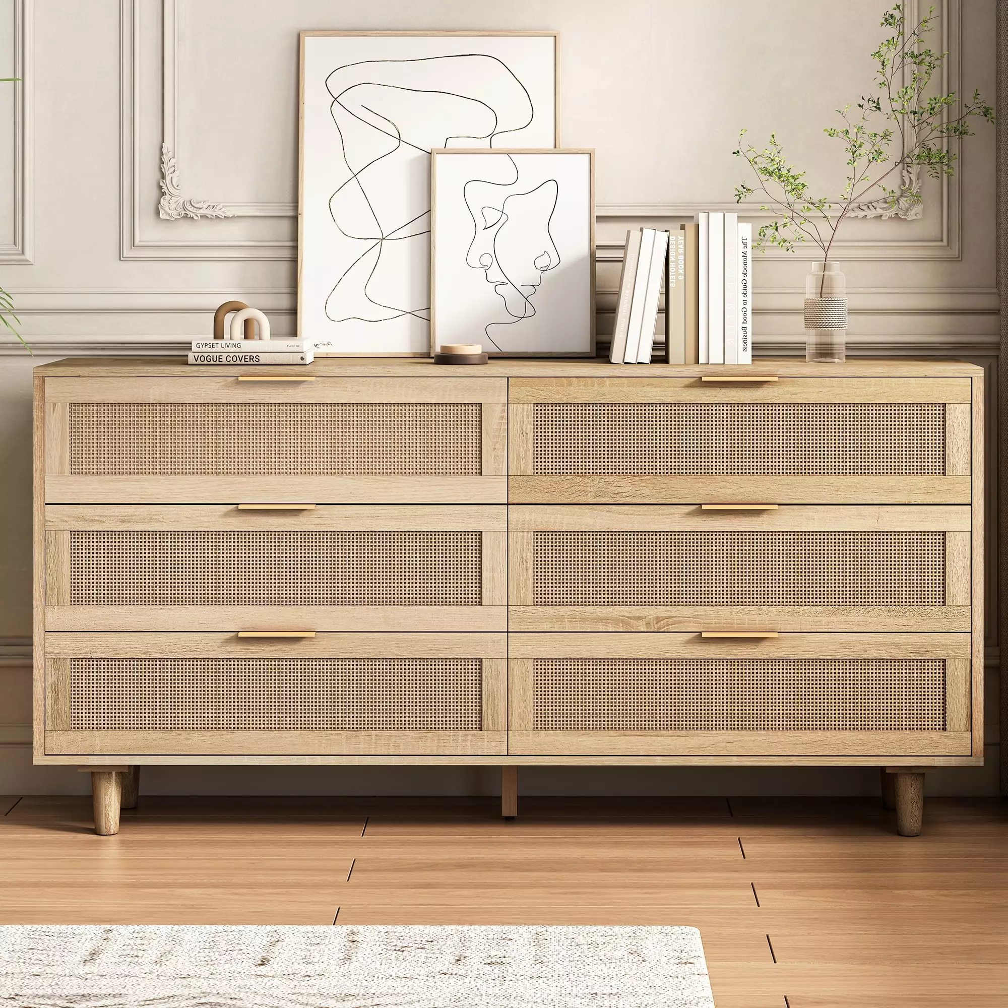 Modern Rattan Dresser 6 Drawers and Gold Handles - Wood Storage Chest Bedroom Living Room 59.06 W Diubas