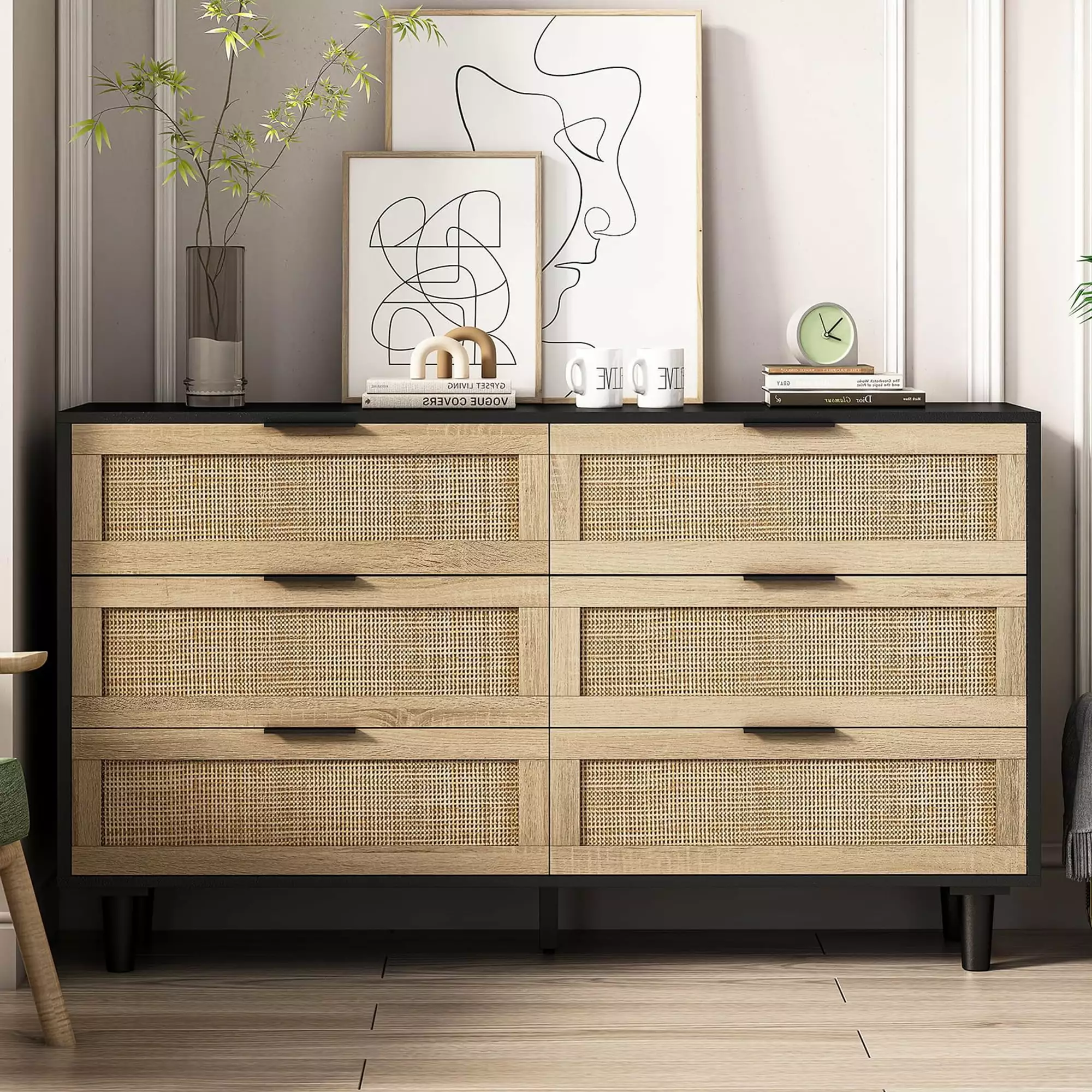 Rattan Dresser 6 Drawer Modern Chest Drawers Gold Handles Wood Storage Dresser Diubas