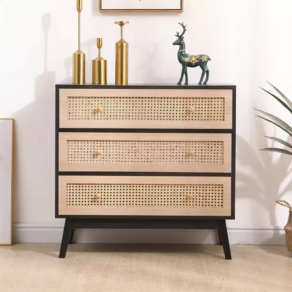 3 Drawer Rattan Dresser Modern Closet Dressers Chest Drawers Boho Cabinet Small Dresser HOMIQUEEN