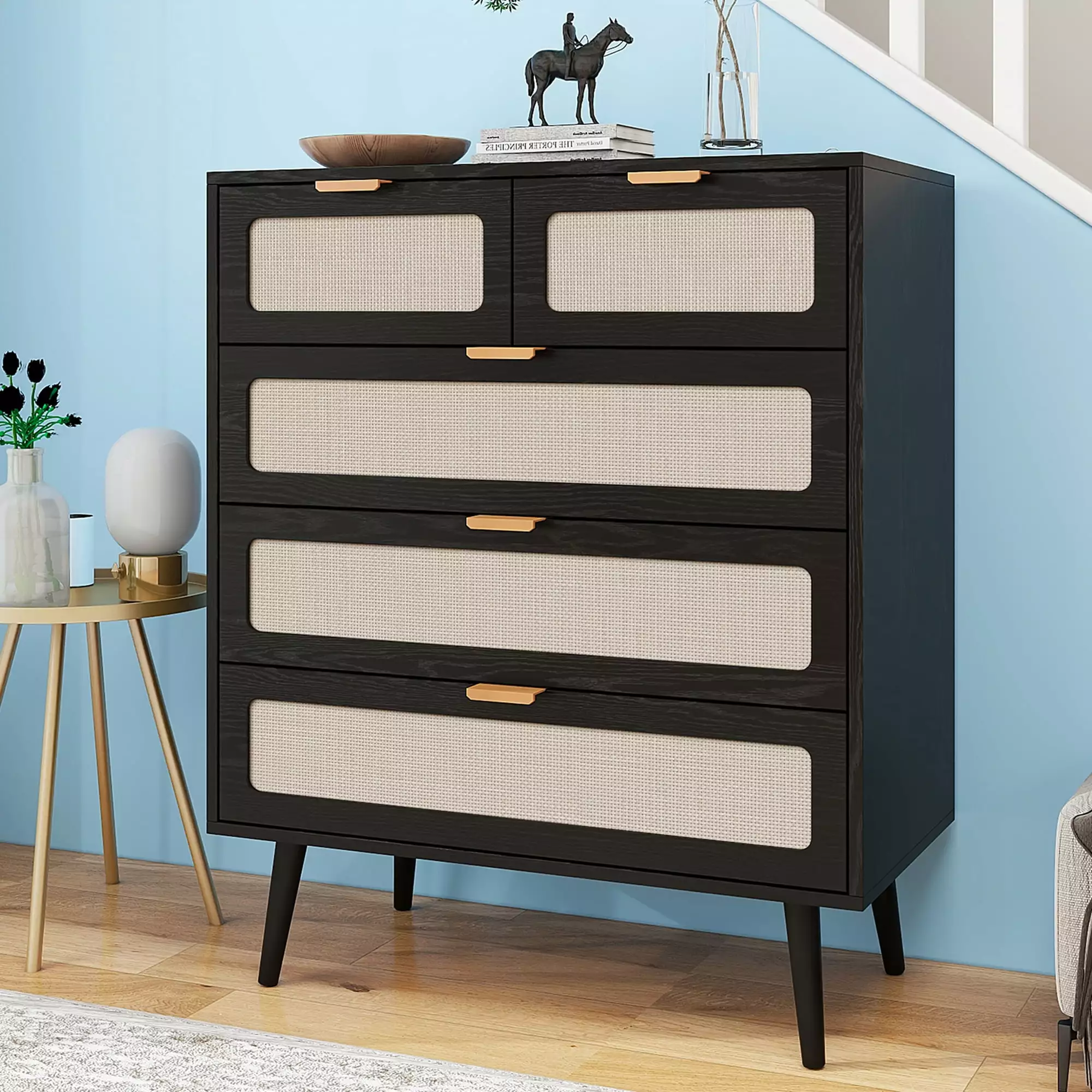 Lisicue 5 Drawer Dresser Accent Wood Storage Cabinet Rattan Drawers